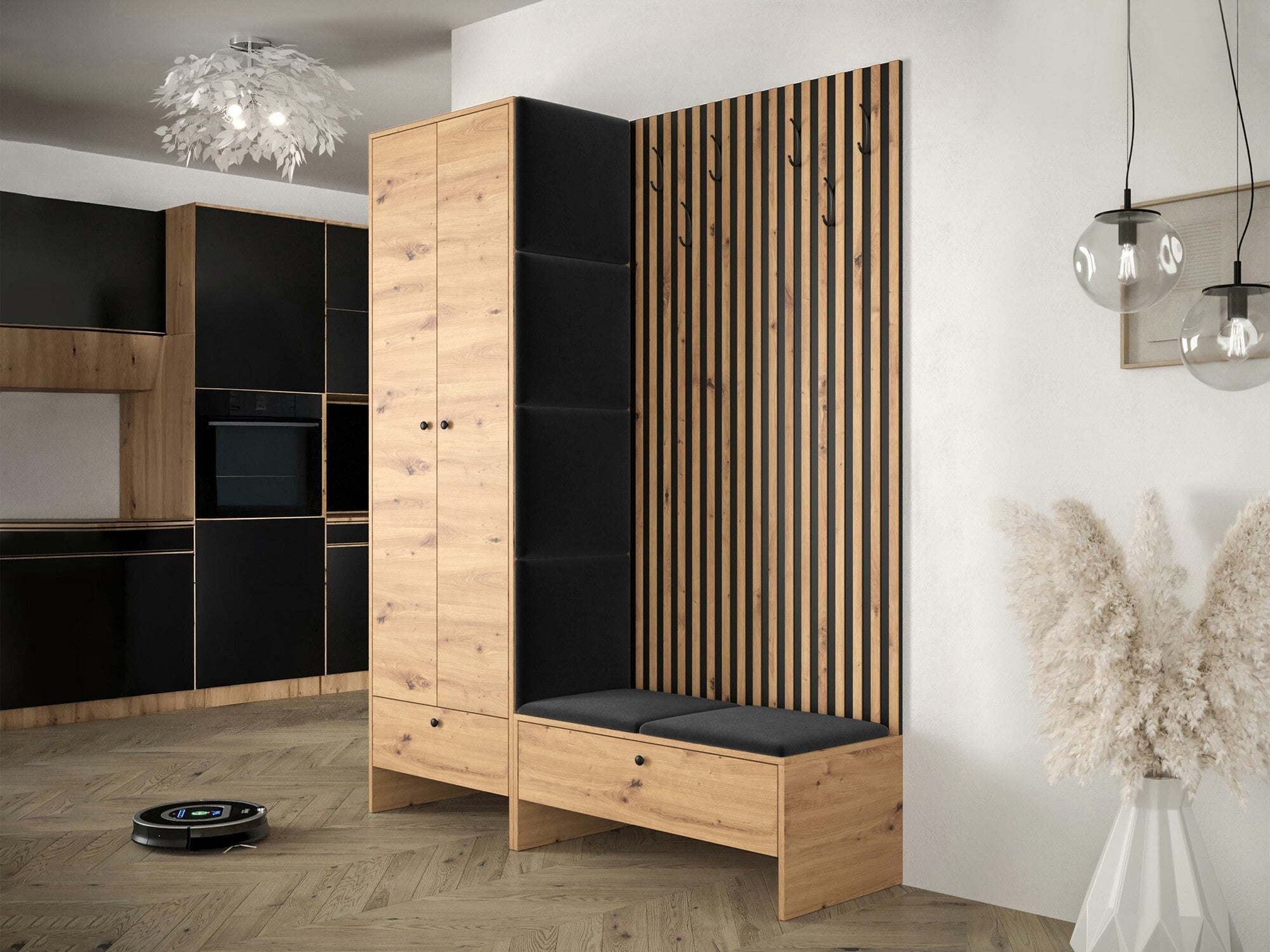 Meuble d'entrée Hartford 320, 206x145x44cm, Chêne Artisan, Noir, Tissu, Stratifié, À poser - 2