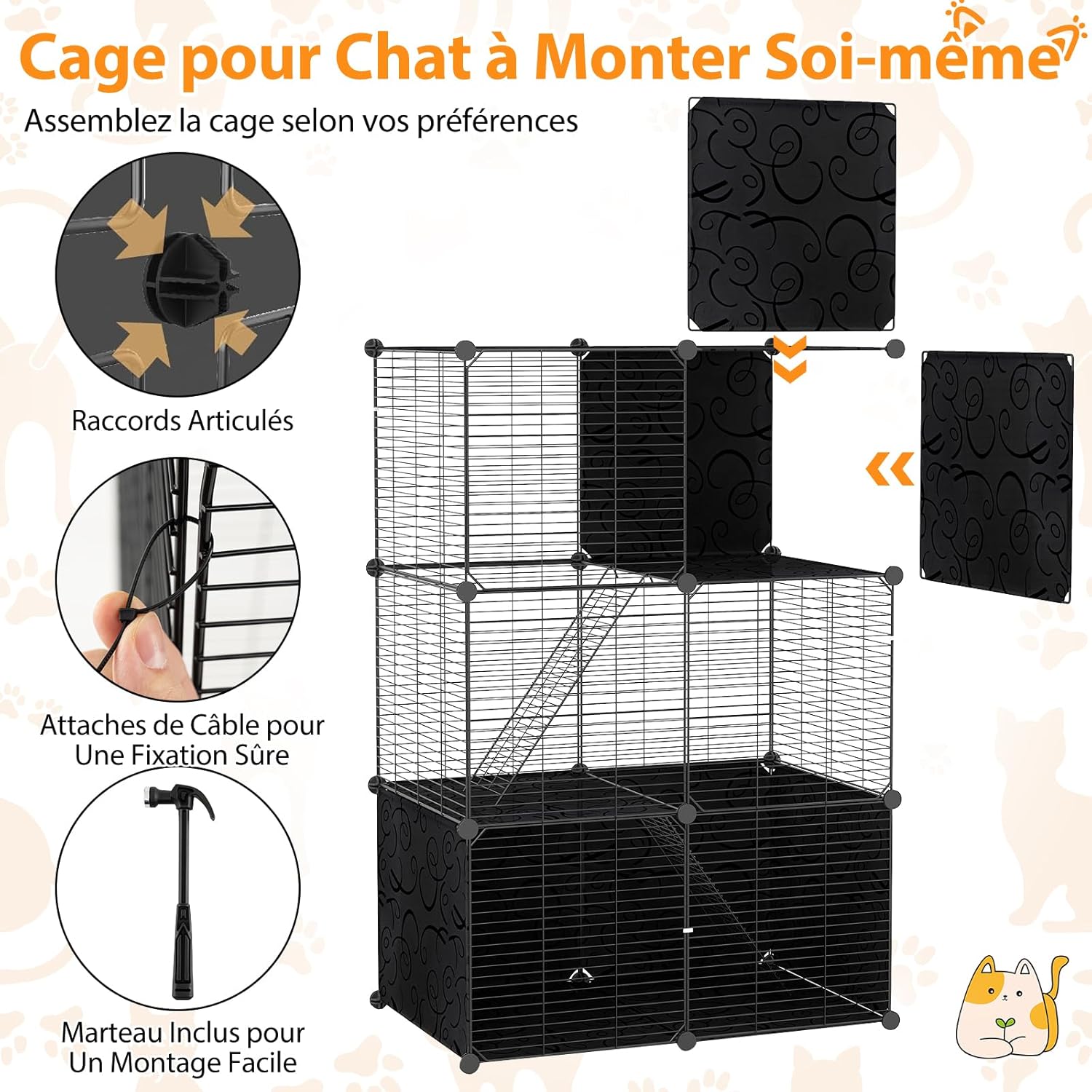 Gaiola para gatos de interior, recinto para gatos em arame metálico modular com 3 portas e 2 escadas, quarto, sala de estar (74 x 47 x 110 cm) - 3