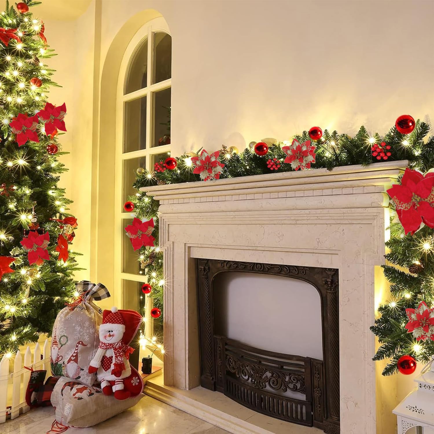 Guirlande de Noël de 270 cm avec lumières LED, décoration de Noël, couronne de Noël artificielle illuminée avec fleurs, décorations pour sapin de Noël - 7
