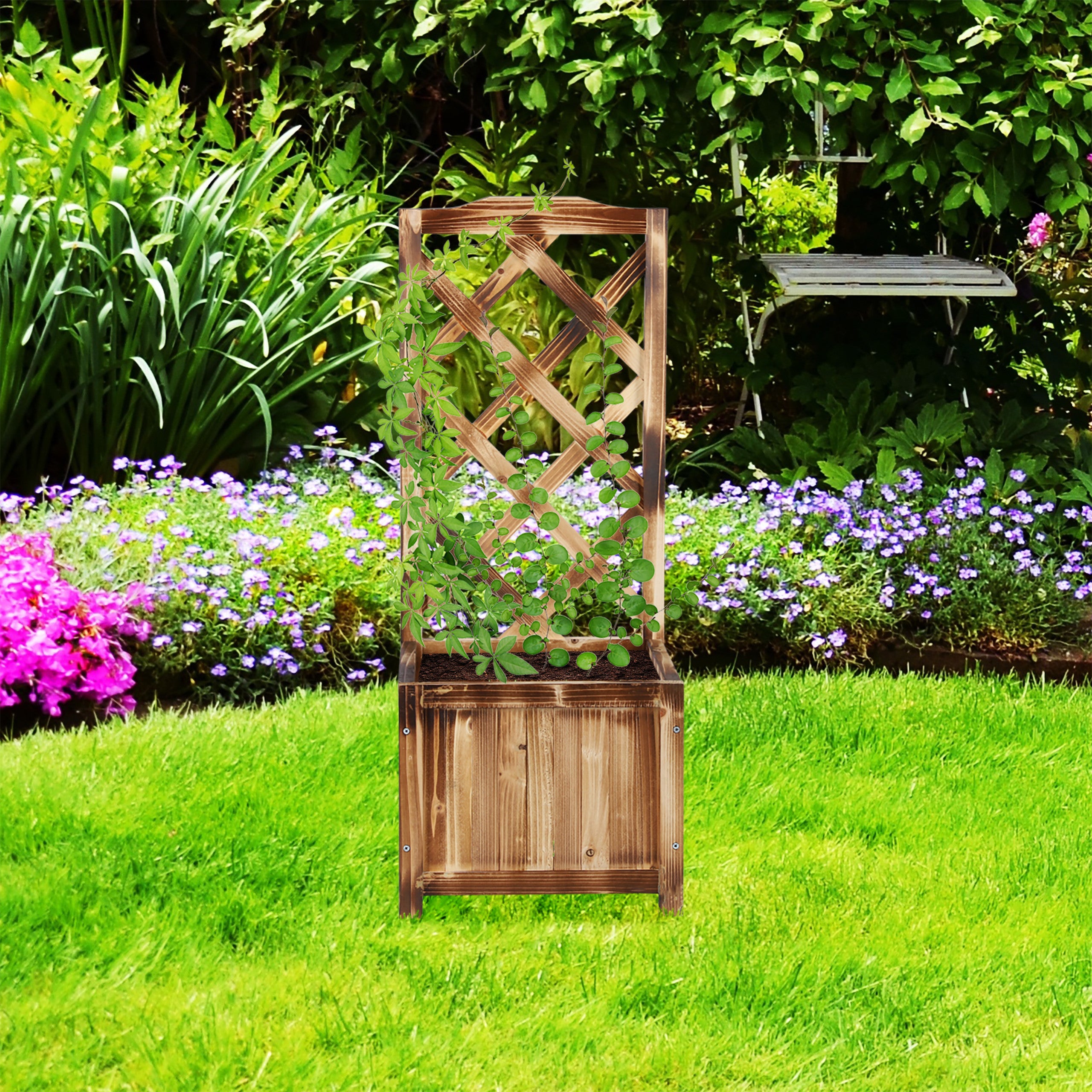 Jardinière avec treillis espalier Tuteur plantes grimpantes bac à fleurs en bois vigne lierre rose 20L, 90 cm, Relaxdays - 2