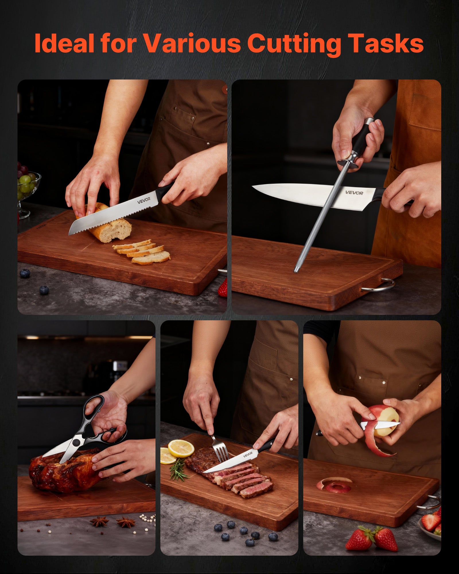 Set Couteaux Cuisine VEVOR avec Bloc et Aiguiseur 15PCs, en Inox à Haute Teneur, Coutellerie Cuisine avec Manche Ergonomique, pour Cuisinier Amateurs - 7