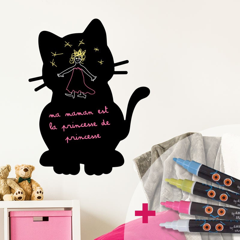 Vinilo pizarra gatito + 4 tizas liquidas - adhesivo de pared - revestimiento sticker mural decorativo - 150x115cm