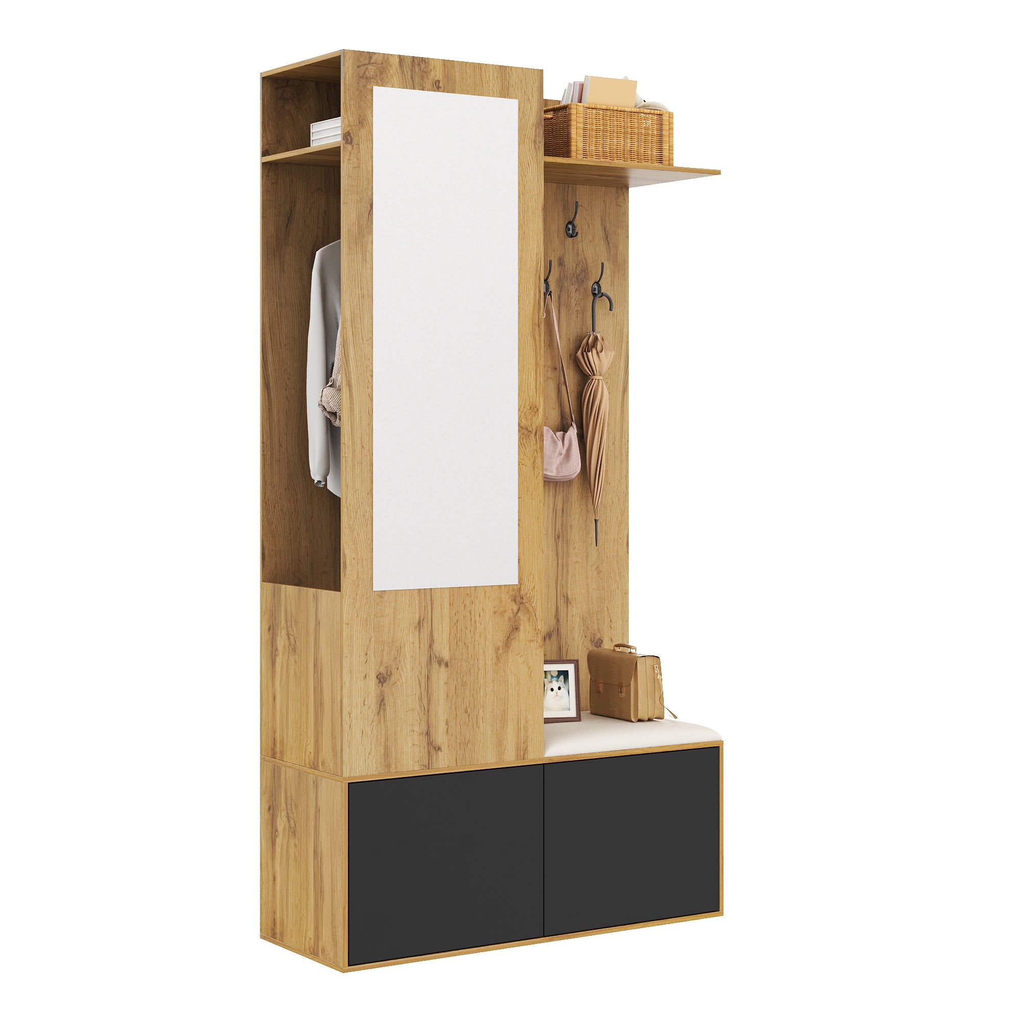 Conjunto de armario para recibidor: 5 ganchos, espejo, zapatero, estante superior con espacio oculto y banco integrado.
