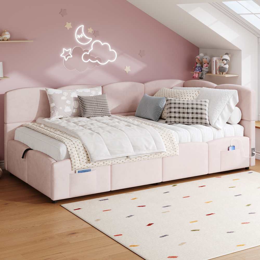 Azkoeesy Lettino Imbottito Per Bambini 90x200 Cm Con Corona E Luci LED - Struttura Con Scivolo E Scale, Rivestimento In PU Rosa, Carico Max 100 Kg - 6