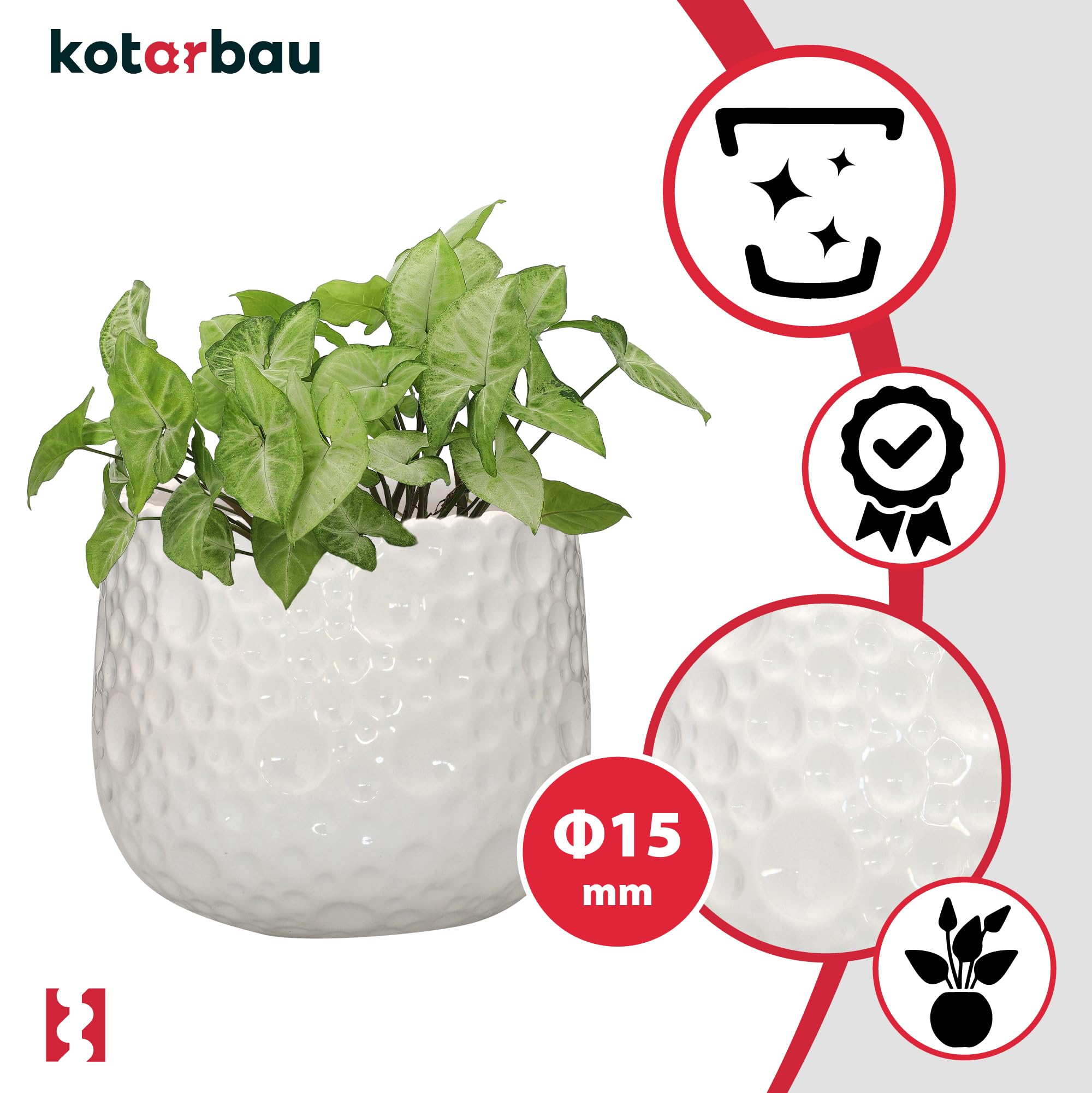 Lot de 2 Pots de Fleurs Ronds en Céramique, Diamètre : 12 cm, Hauteur : 12,5 cm, Blanc, Cache-Pot pour Plantes d'Intérieur - KOTARBAU - 4