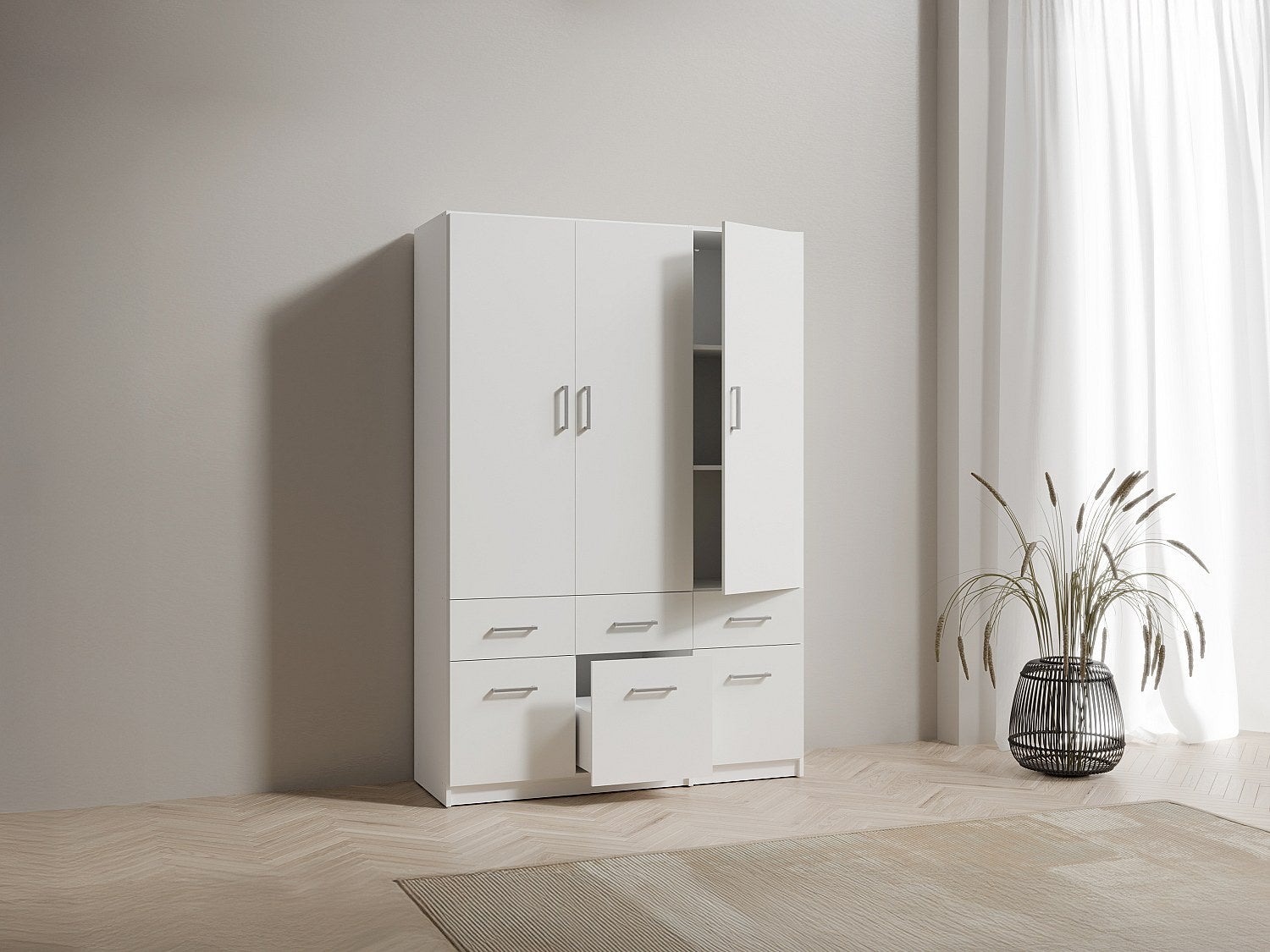 Szafa 3-drzwiowa z 6 szufladami - szer. 136 cm - Biały - BELOMY