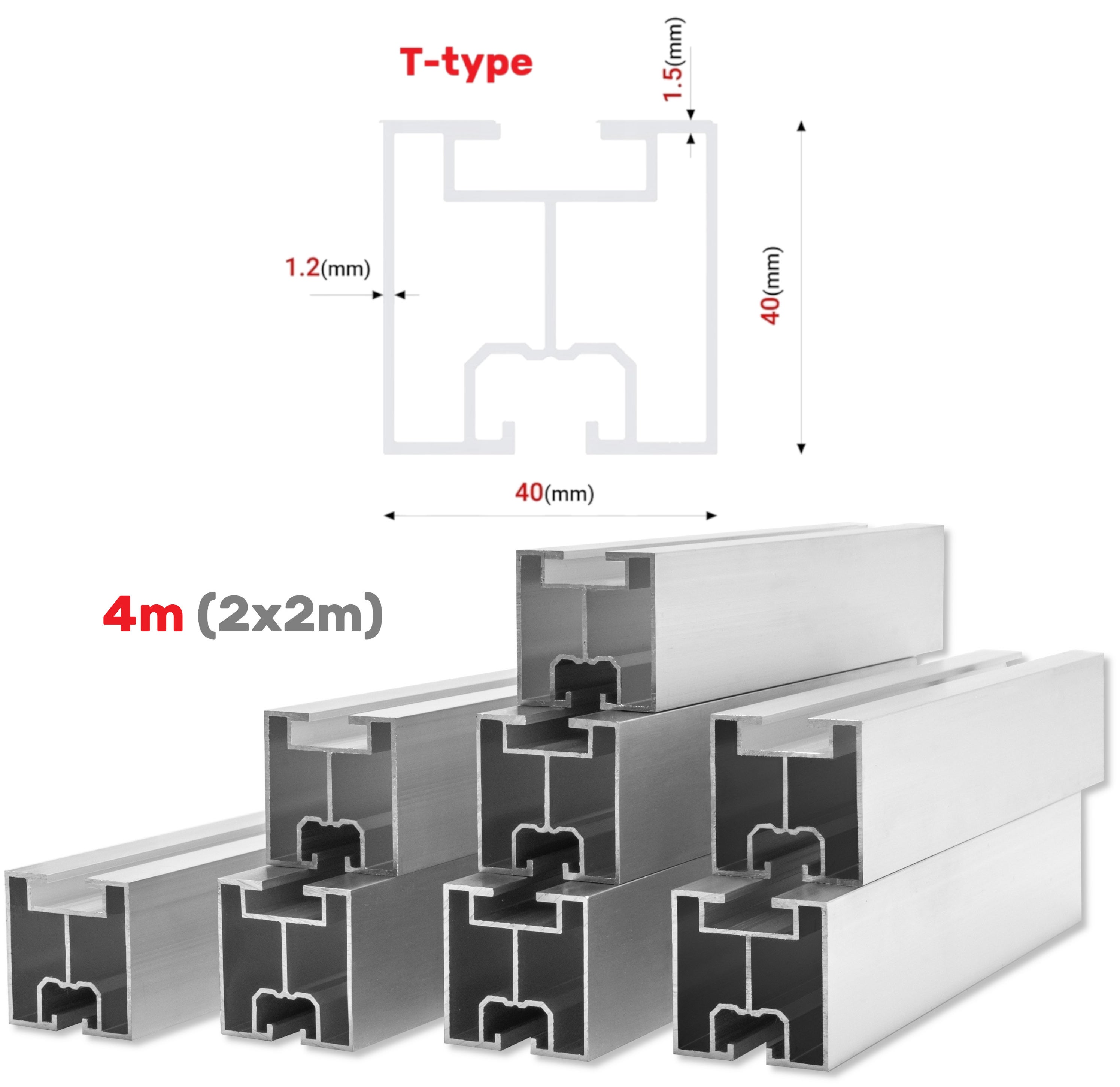 PROFILÉ DE MONTAGE PV RAIL EN ALUMINIUM 40x40 SET 4M (2X2M) TYPE T - 7