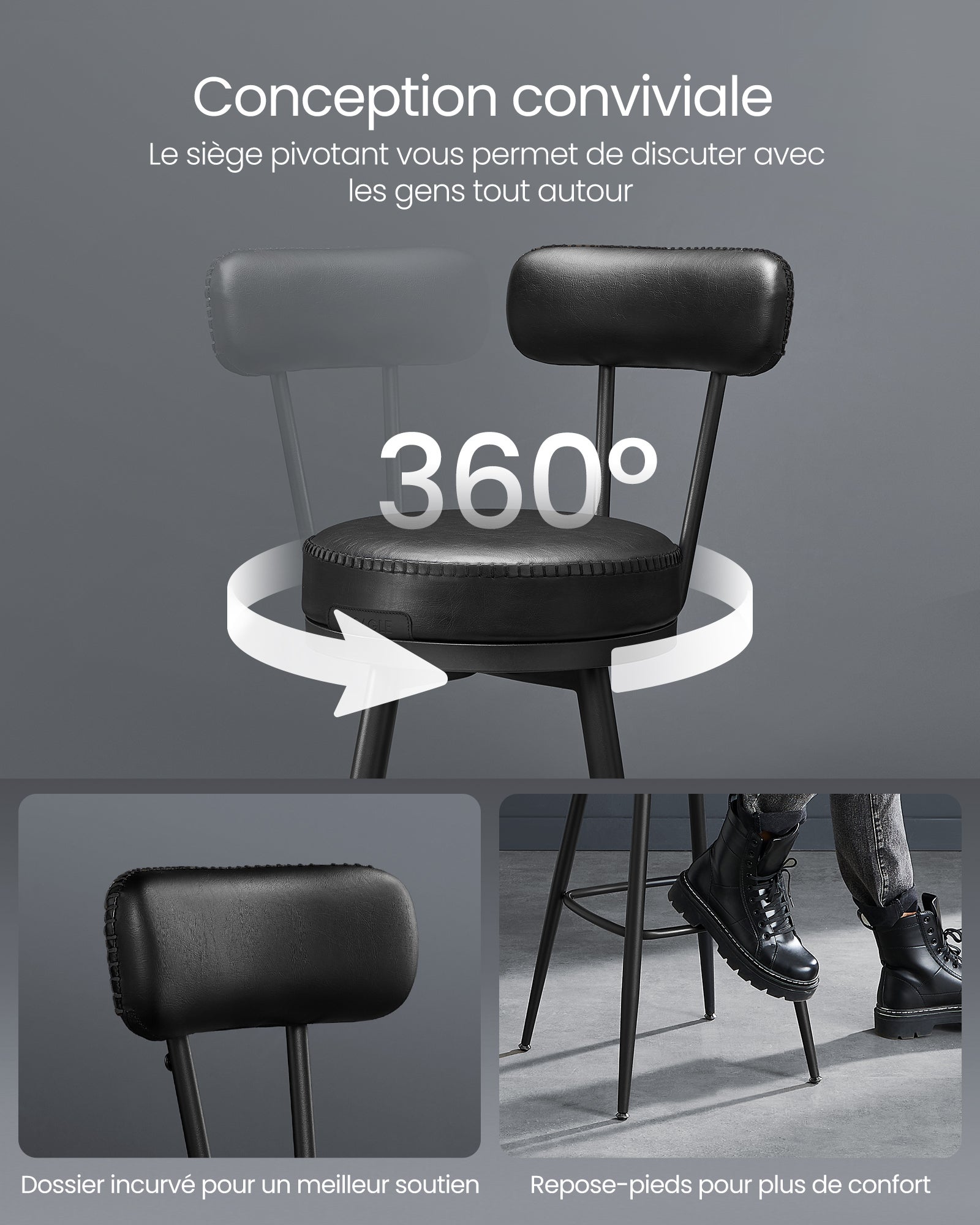 Tabouret de Bar, Lot de 2, Siège Rembourré, PU avec Coutures, Style Moderne Mi-siècle, Hauteur 65 cm, Noir d'encre - 7