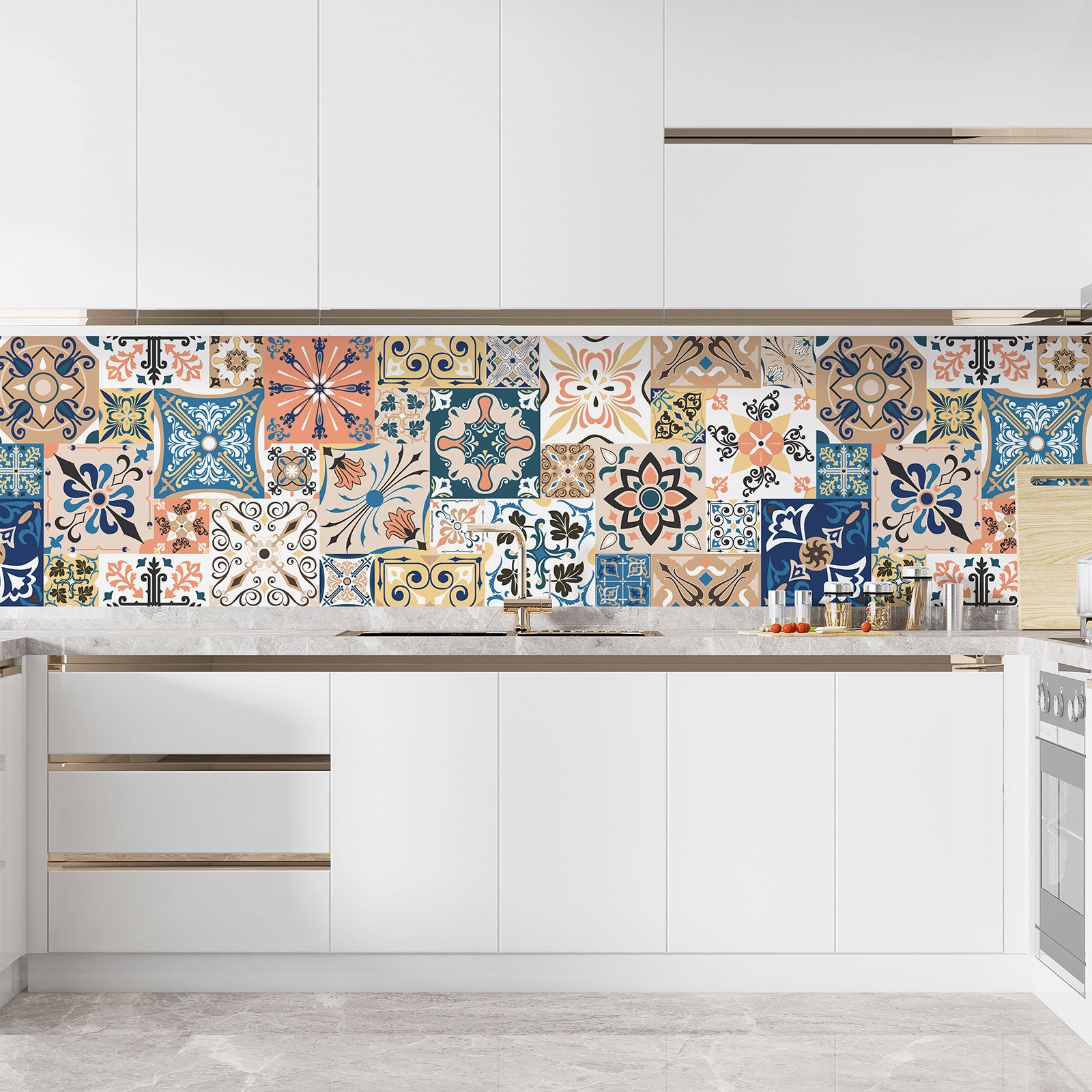 Crédence adhésive sticker pour cuisine - Effet carreaux de ciment - Adhésif BRILLANT - 60x180 cm - 3