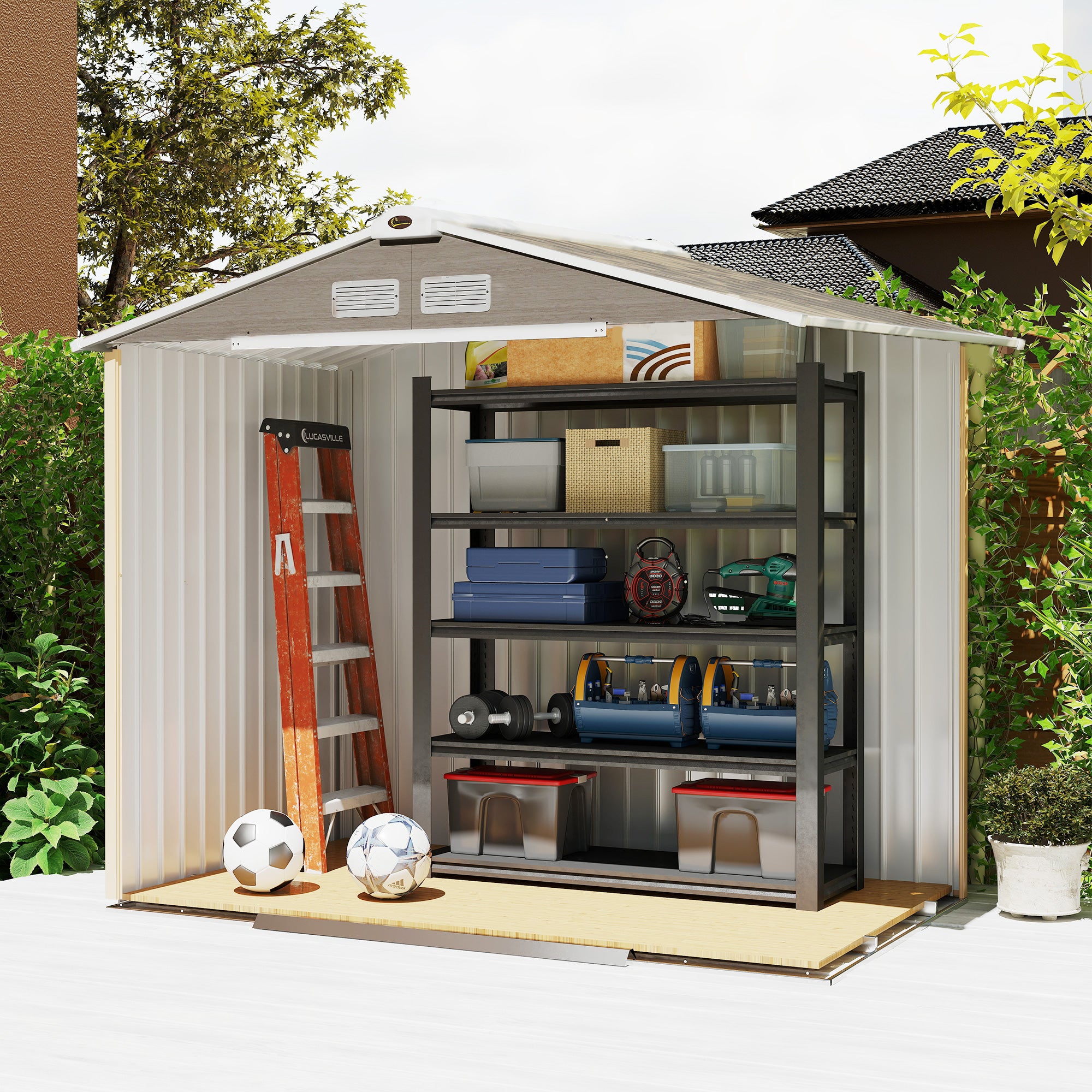 Cobertizo de Jardín Outsunny Acero Galvanizado Madera Natural 213x130x185 cm - 5