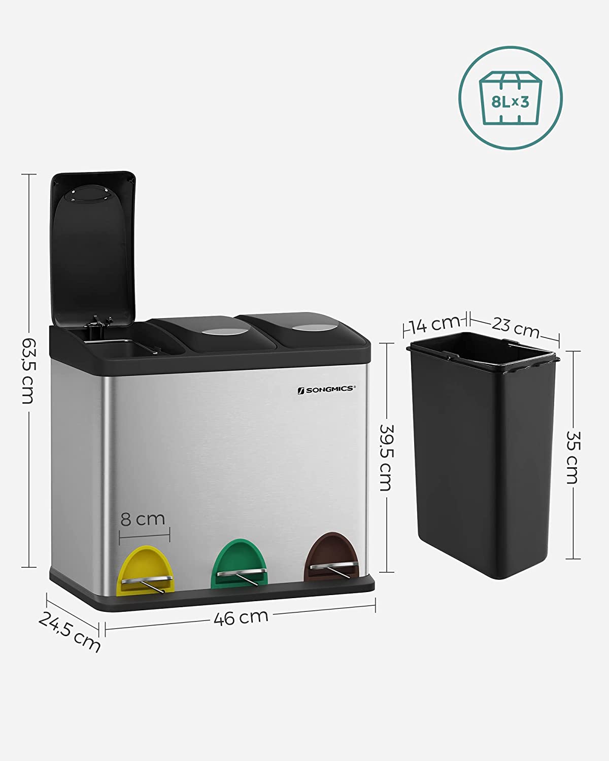 Poubelle De Recyclage, Poubelle À Pédales 3-en-1, Poubelle 24l En Métal, Pour Cuisine, Argent - 5