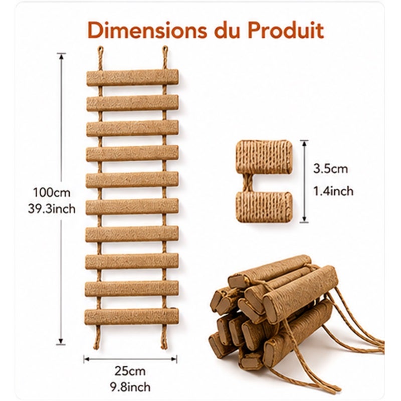 Échelle pour chat en corde de sisal 101 cm, hamac mural intérieur/extérieur, accessoire d’escalade et repos facile à installer pour animal - 3