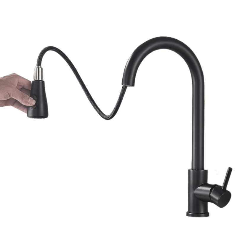 Czarny kran kuchenny, obrotowy kran zlewozmywakowy 360° z wyciąganą wylewką, kran z ciepłą i zimną wodą z wężem