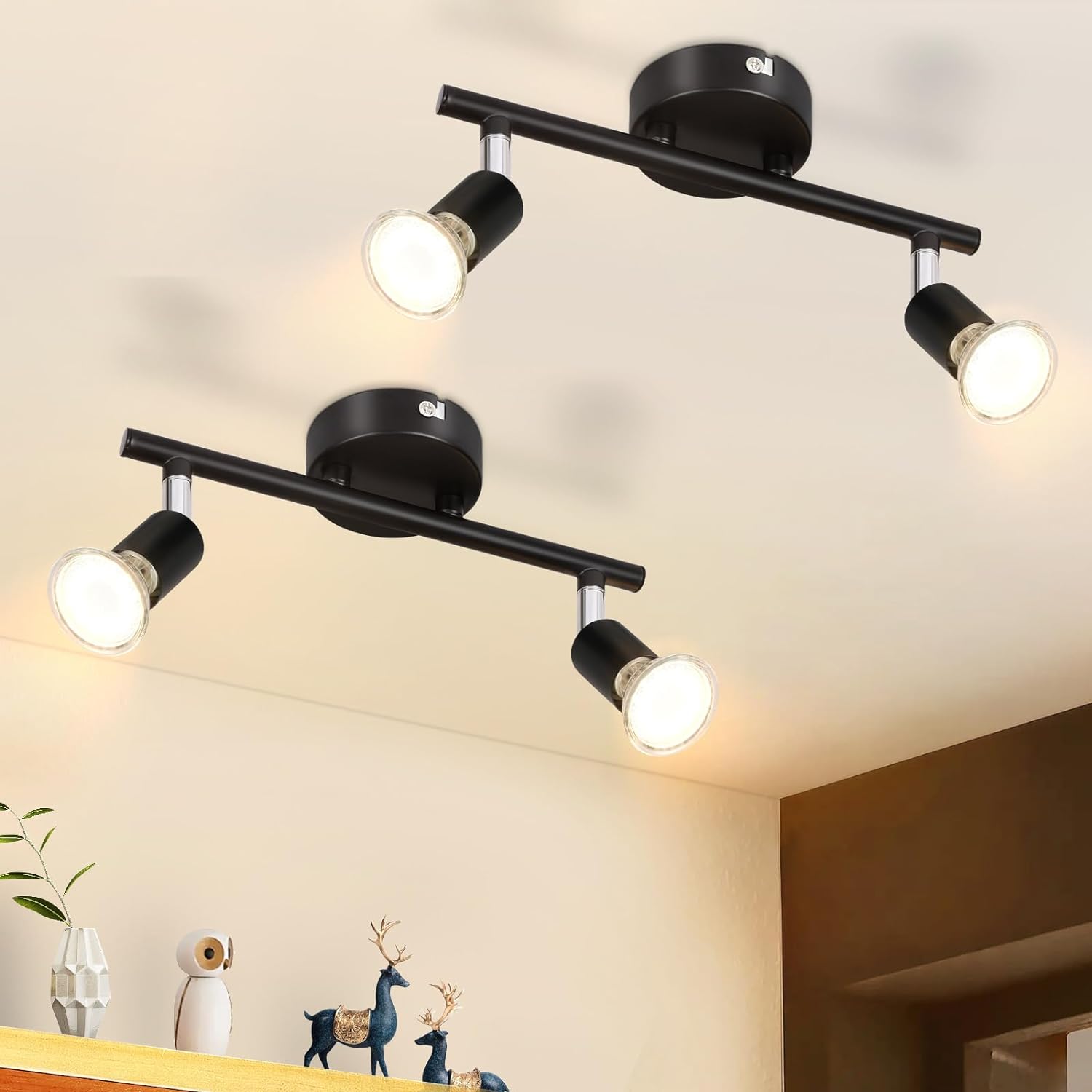 Lampa sufitowa 2-częściowa, regulowany spot 2LED z żarówką, nowoczesna lampa sufitowa, lampa sufitowa obracana o 330°, czarna, ciepłe światło