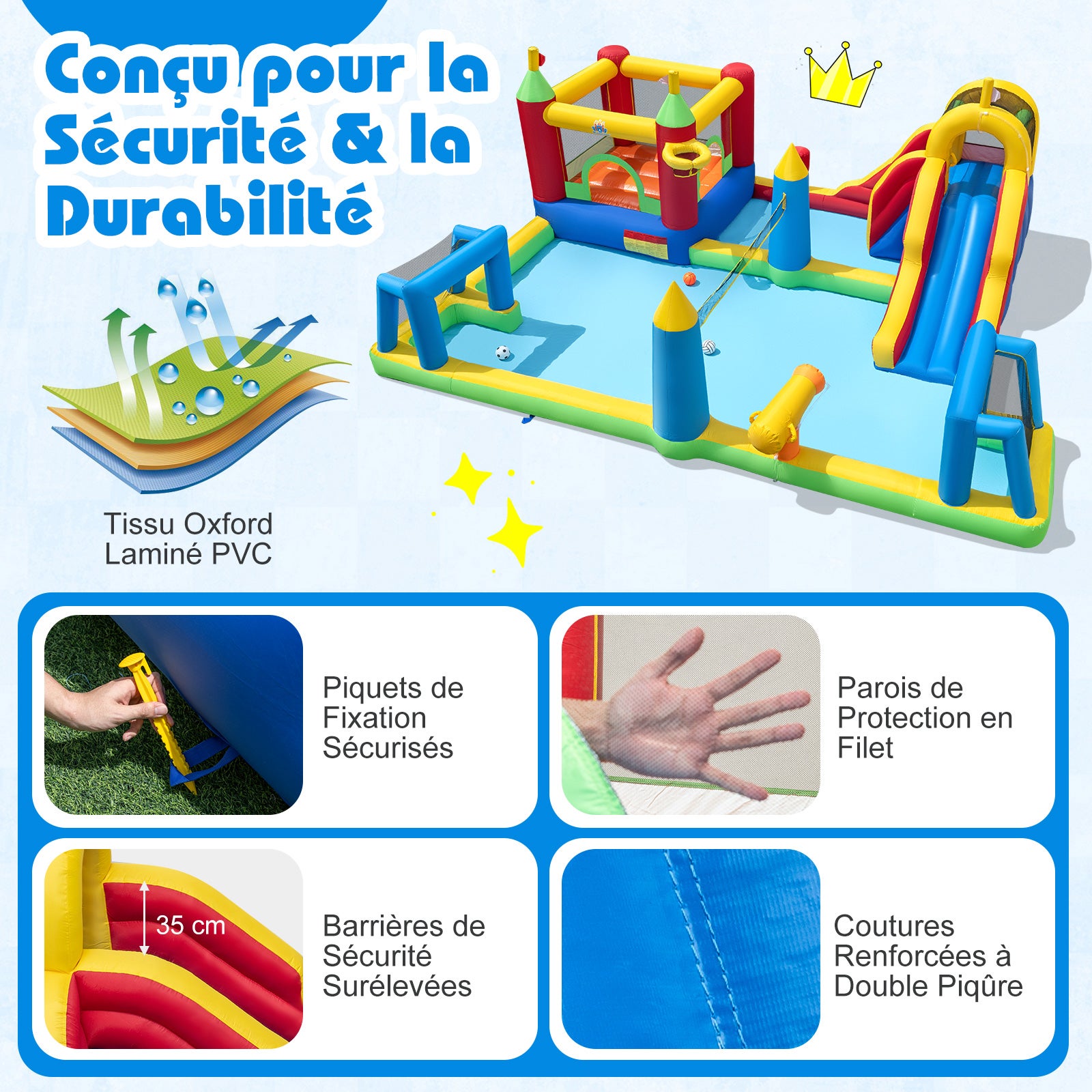 Structure Gonflable Toboggan Aquatique, avec Mur d'Escalade, Piscine avec Éclaboussures, Panier de Basket, Buts de Football, sans Souffleur - 7