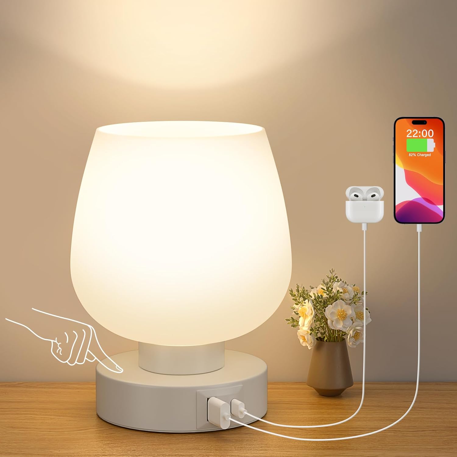 Lampka nocna dotykowa USB z 2 portami A+C, 3 poziomy intensywności, szklany biały klosz, mała lampka z kablem do sypialni, salonu, pokoju dziecięcego