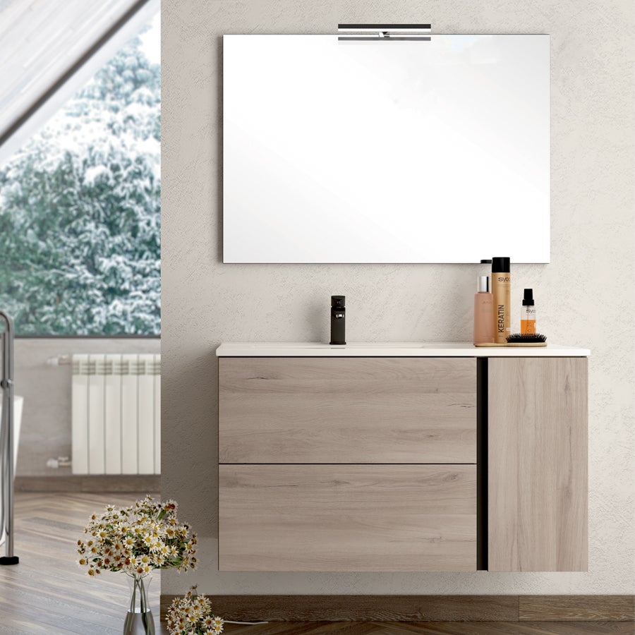 Meuble de salle de bain vasque déportée - 2 tiroirs - PRADO et miroir Led STAM - oak (chêne brut) - 100cm - 2