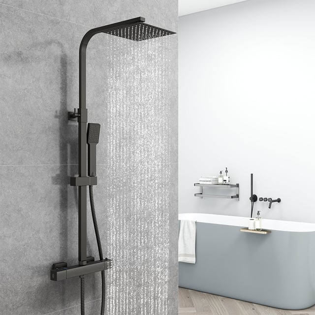 AICA Colonna Doccia con Miscelatore Termostatico, Rubinetto Doccia 28x4cm, Soffione Doccia Quadrato in Acciaio Inox 20x20cm, Altezza Regolabile,Nero