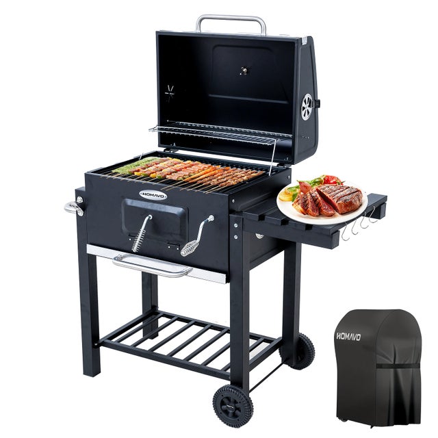 Barbecue a Carbonella, Superficie cottura: 56×42,5 cm, Vassoio Carbone Regolabile in Altezza, Tavolino Laterale Pieghevole, Termometro HOMAVO