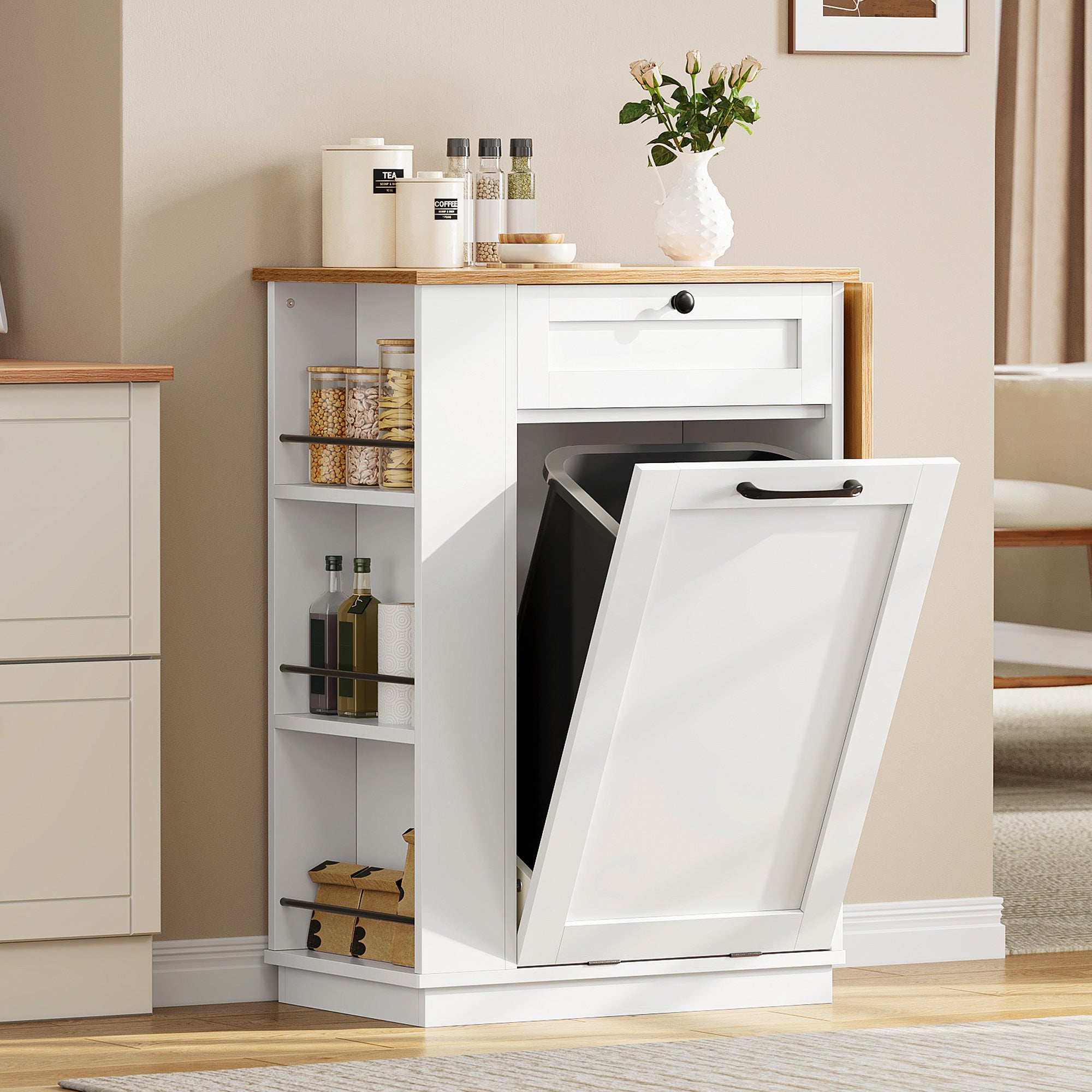 YITAHOME Buffet de cuisine multi-rangement avec Space de Poubelle - 1 Tiroir - Rangement latéral - Blanc - 2