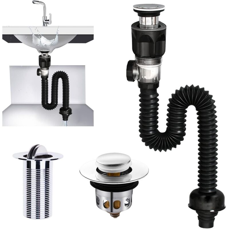 Kit de scurgere pentru chiuvetă, sifon pentru chiuvetă, scurgere pentru chiuvetă fără preaplin, extensibilă de la 300 la 955 mm pentru baie