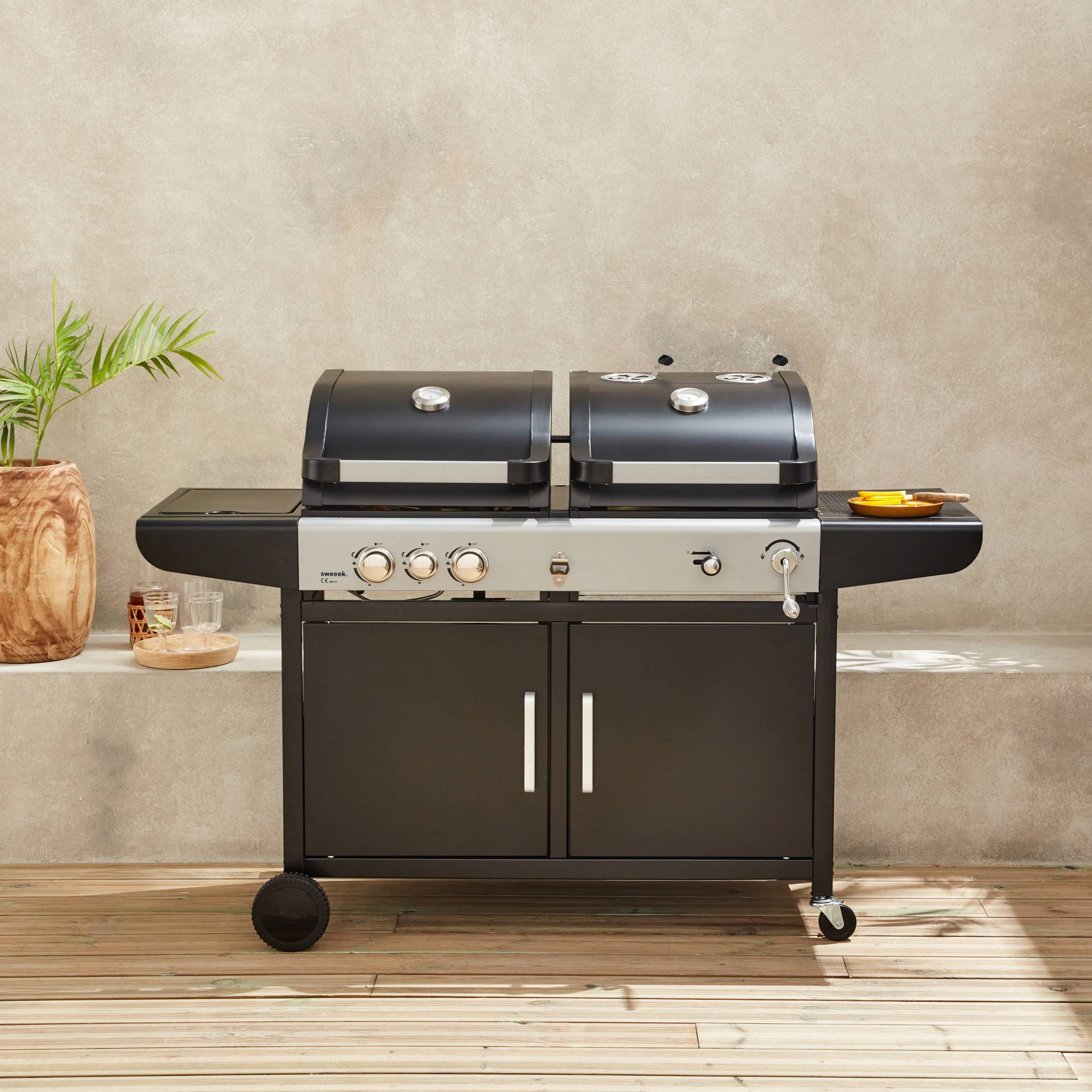 Barbecue combinato a gas e carbonella con fuoco laterale, Nero - 2