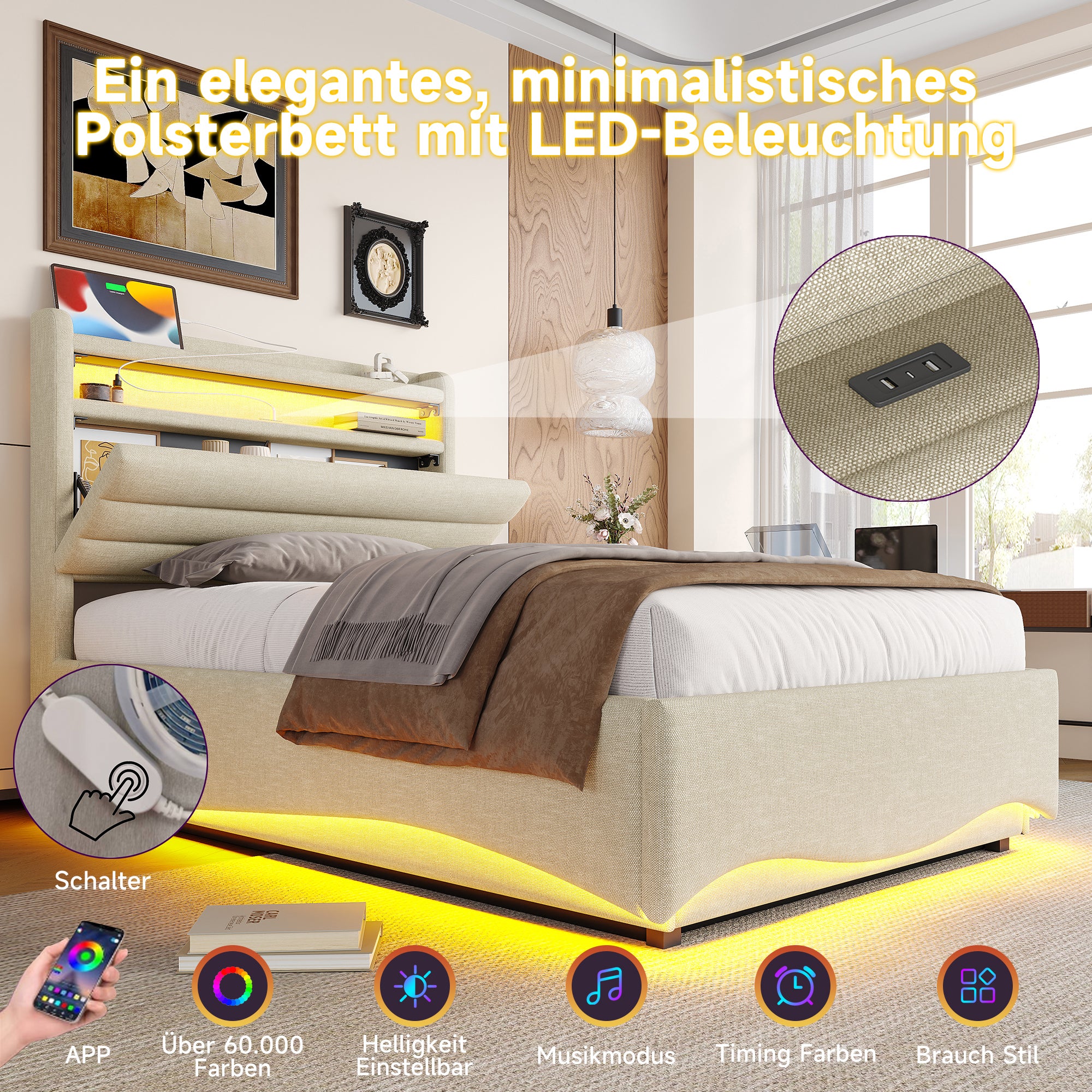 Letto Singolo Imbottito 90x200 Cm Con Testiera, Vano Portaoggetti Idraulico, Luci LED E USB – Grigio/Beige