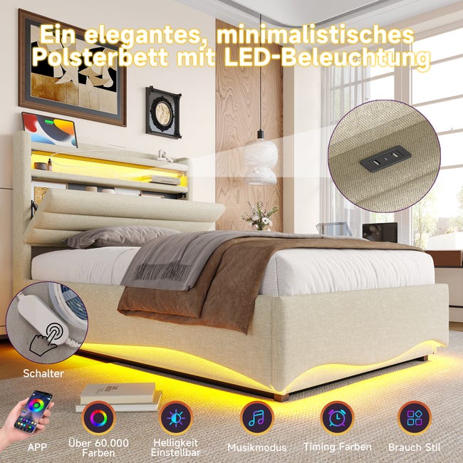 Letto Singolo Imbottito 90x200 Cm Con Testiera, Vano Portaoggetti Idraulico, Luci LED E USB – Grigio/Beige