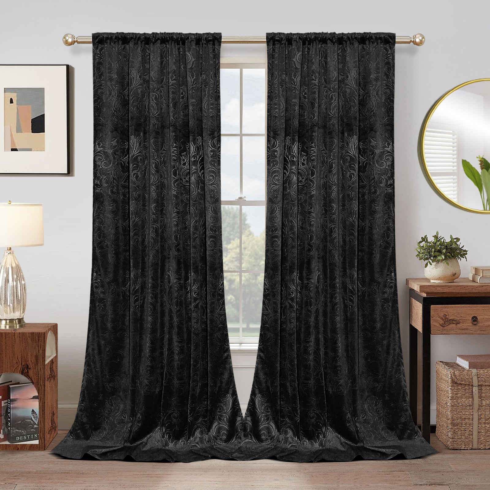 Aksamitne zasłony w kwiatowy wzór adamaszku,zasłony termiczne zaciemniające do salonu sypialni 2 szt Czarny 132x213cm