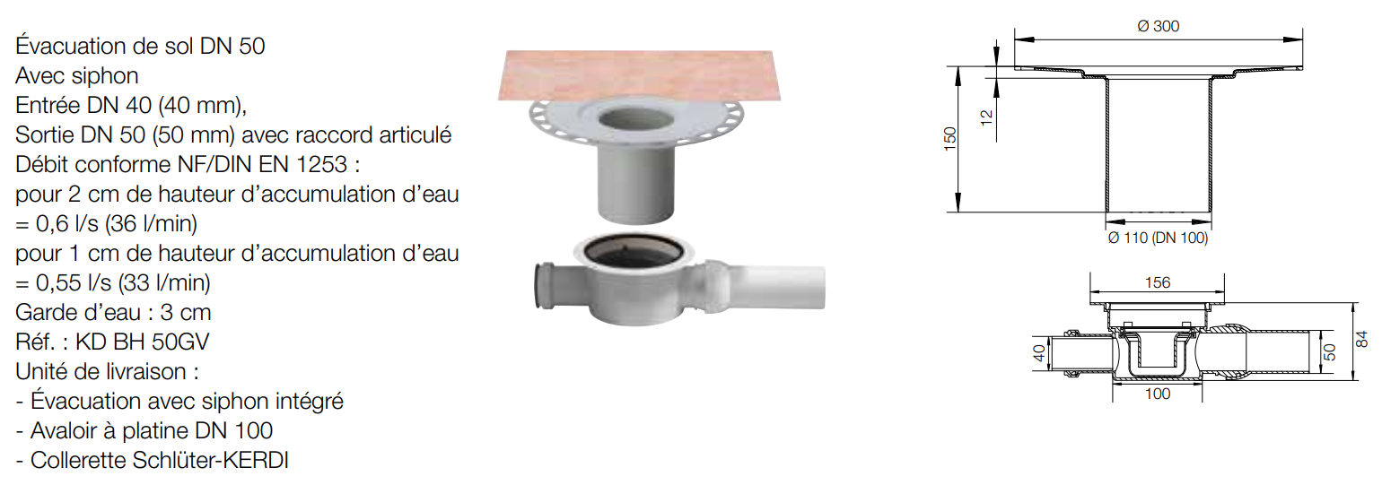 Kerdi-Drain évacuation horizontale avec siphon Sans grille SCHLUTER - 2