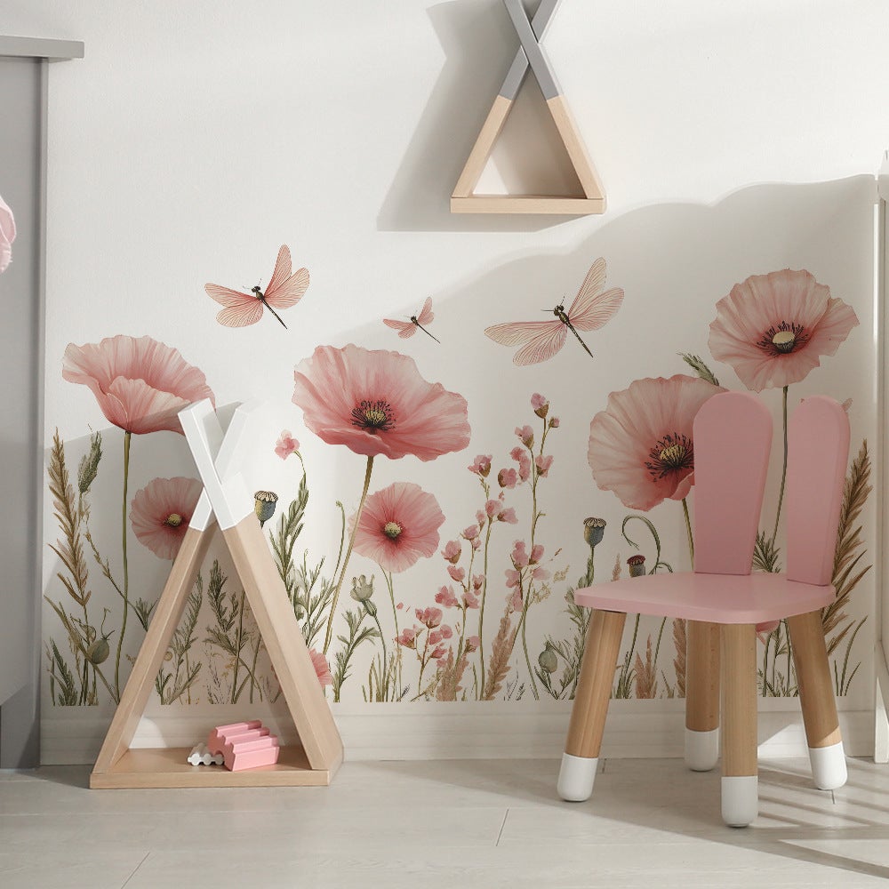 Stickers Muraux Coquelicot Aquarelle, Autocollants Muraux Libellules Fleurs Roses, Décoration Murale pour Chambre Salon Salle de Bain - 5