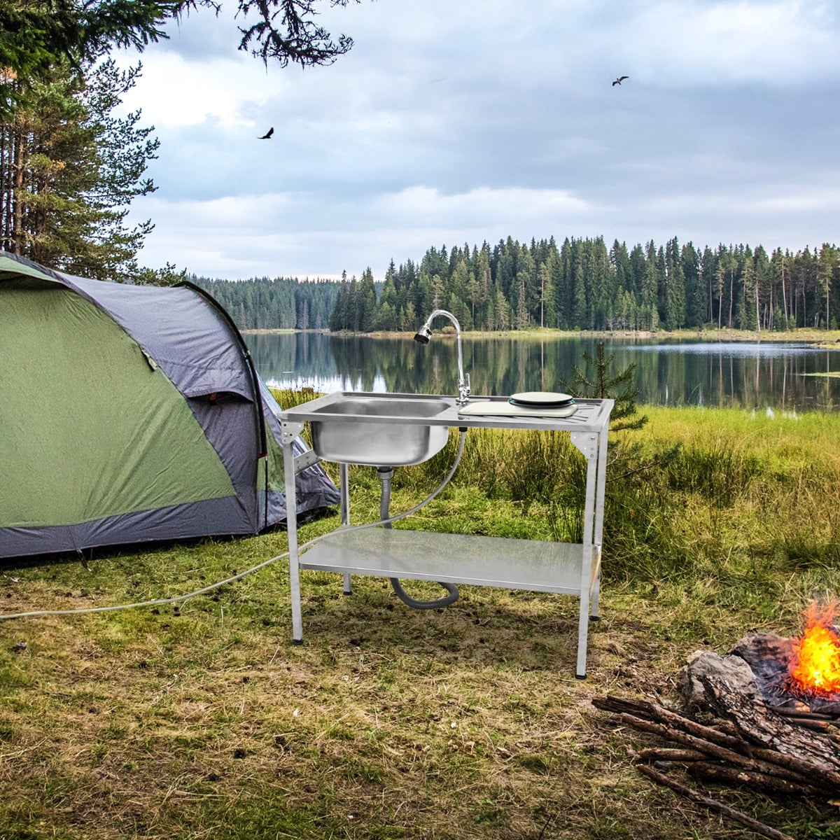 Évier de Camping sur Pieds Pliant en Acier Inoxydable- Glamping Jardin Extérieur- Égouttoir à Droite, Robinet Flexible, - 6
