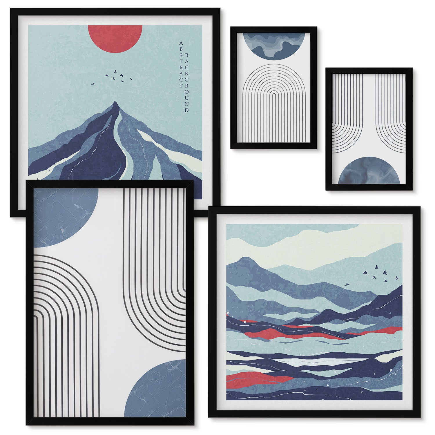 Ensemble de 5 tableaux encadrés | Paysages abstraits aux formes et ...