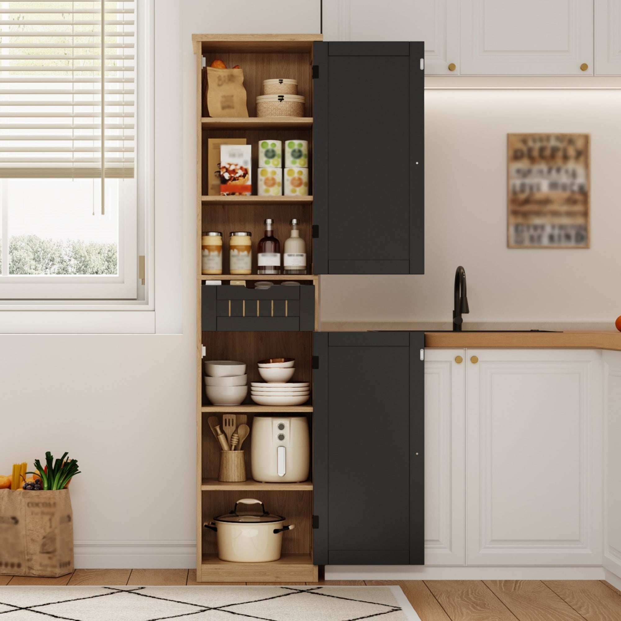 Colonne de rangement avec 2 portes, 1 tiroir et 4 étagères réglables, buffet de cuisine - 40 x 30 x 170 cm - MDF - Naturel + noir - 6