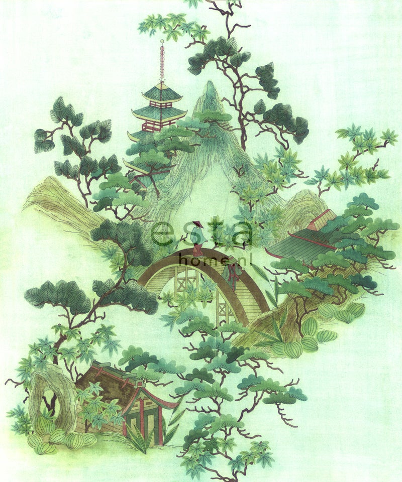 Fototapeta chinoiserie zielonymIbrązowym - 232.5 x 279 cm - ESTAHOME