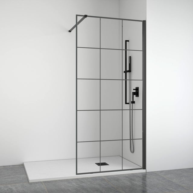 BELLOBATH - Mampara de ducha frontal panel fijo - Industrial - Perfilería Negra Mate - Ancho adaptable 98-100 cm - Alto 195 cm