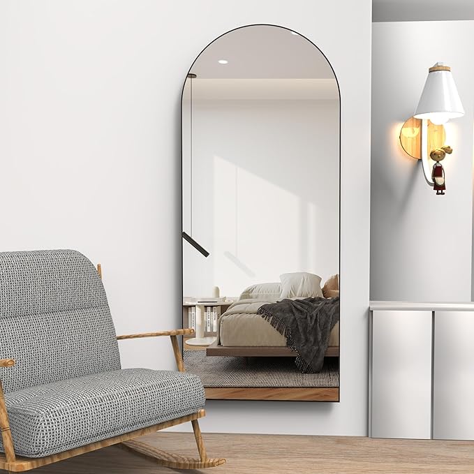 Specchio a figura intera 165 x 60 cm, specchio da terra con cornice in alluminio, specchio da appoggio liscio ad arco, nero - 7