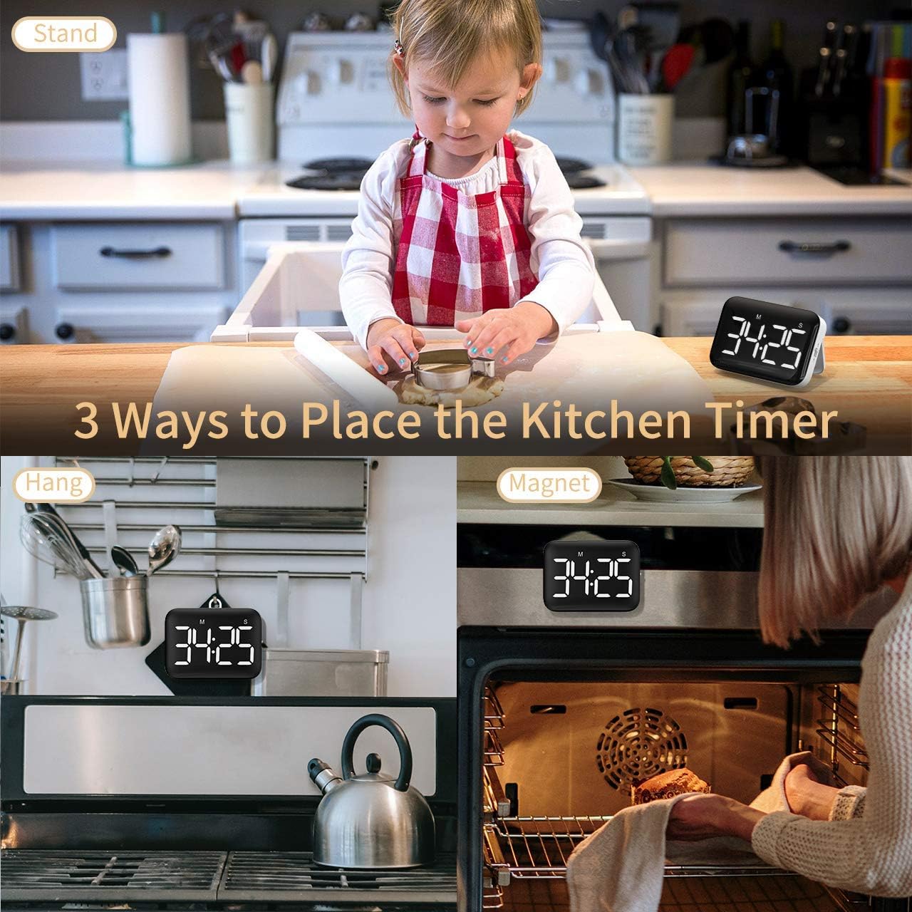 Timer da cucina digitale con ampio display LED, timer magnetico con luminosità e suono regolabili, cronometro per bambini e anziani - Batterie inclu - 5