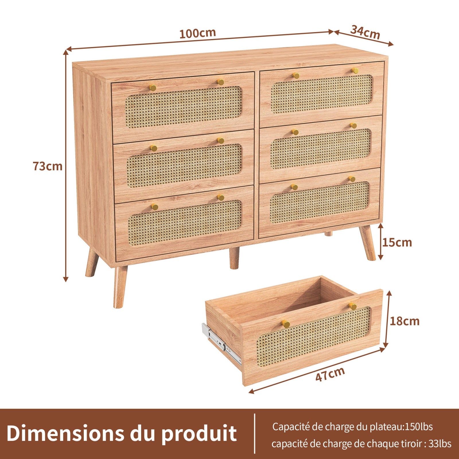 Commode en rotin à 6 tiroirs, style scandinave, avec poignées dorées et pieds en bois, 100 x 34 x 73 cm, Couleur naturelle - 3