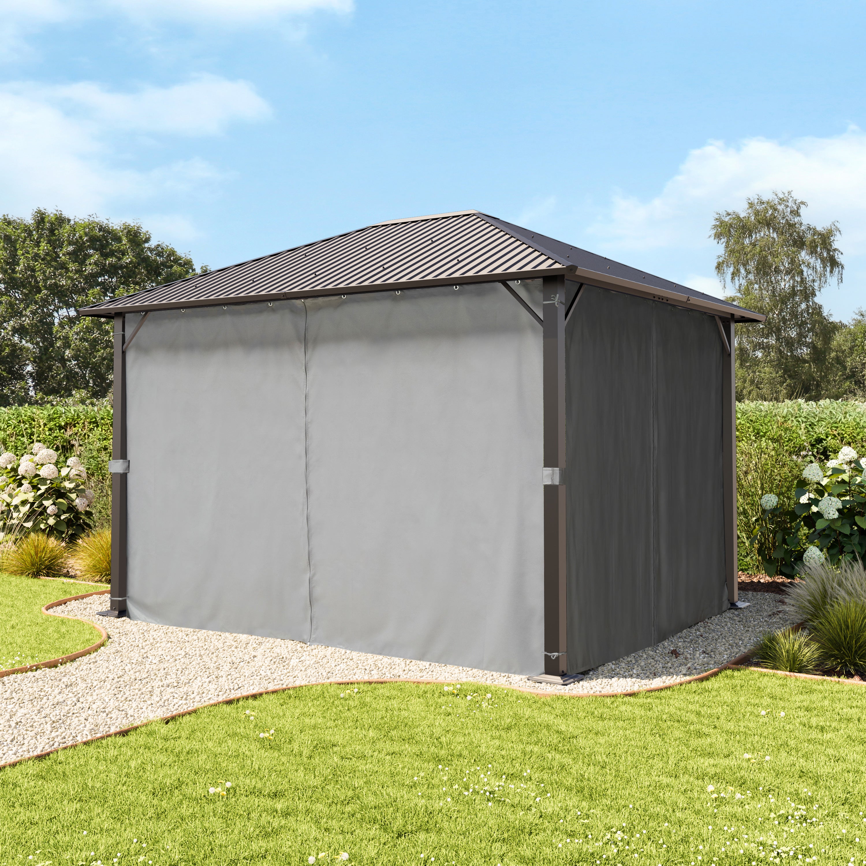 TOOLPORT Cenador de Jardin 3x3,65 m con techo de acero - Hardtop pabellón con 4 cortinas y mosquiteras en gris - 7