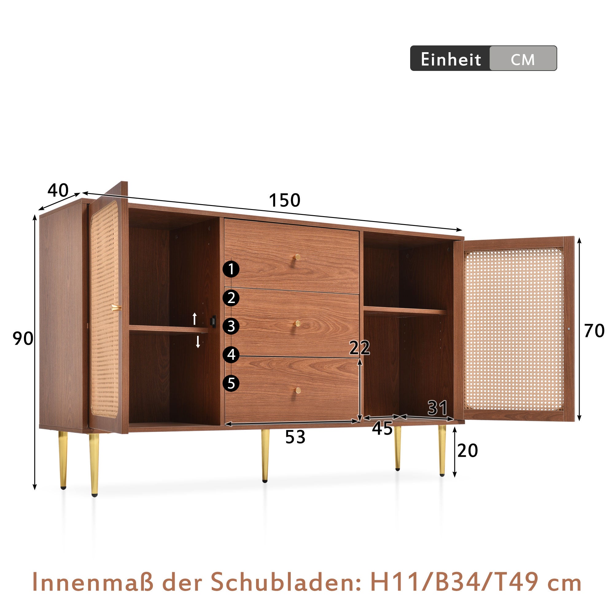 Armadio a 2 ante e 3 cassetti, ripiano regolabile per soggiorno e camera da letto, noce h90 / B150 / T40 cm - 3