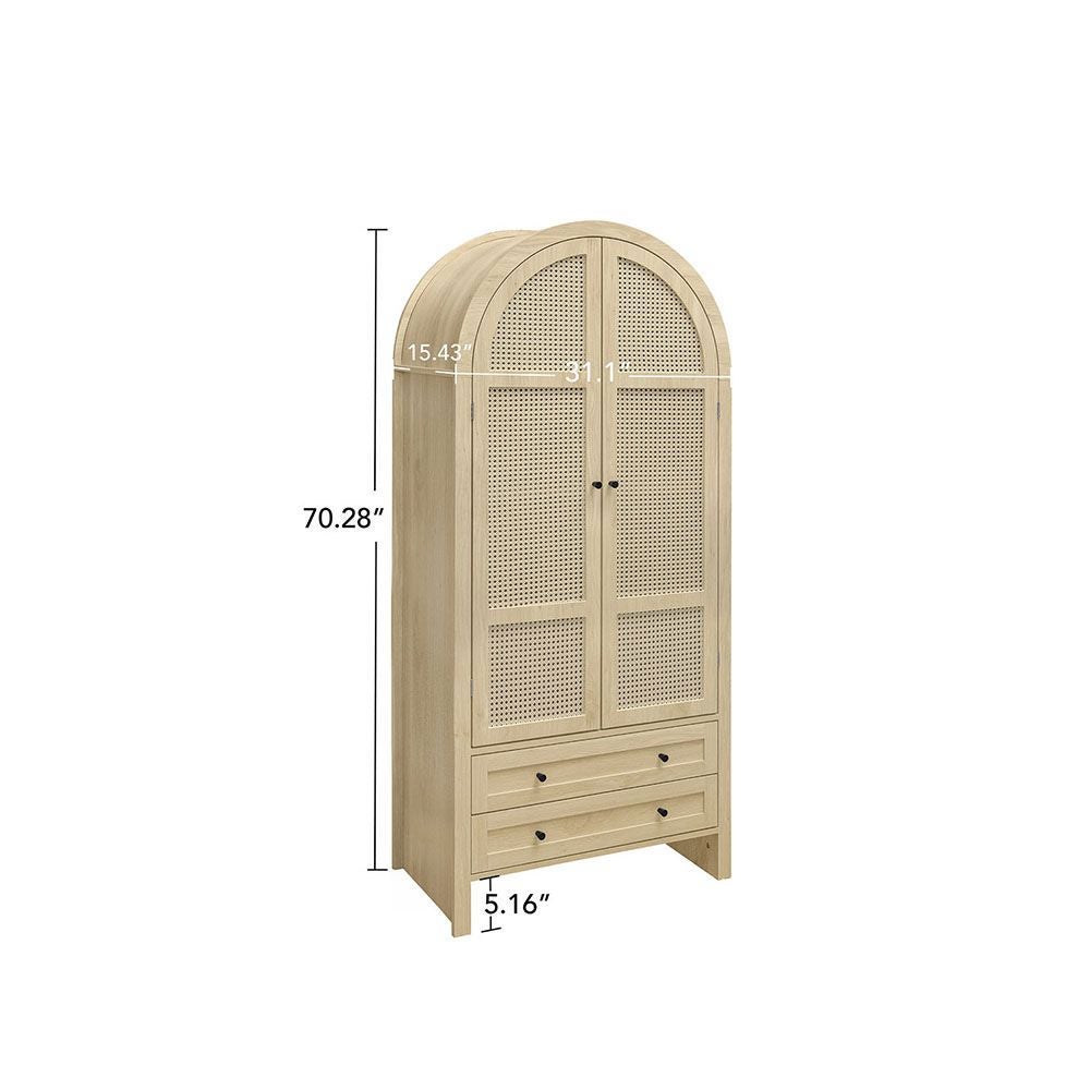 Armoire bohème 79x39.5x178 cm rotin tressé 2 tiroirs forme arc couleur naturelle - 3