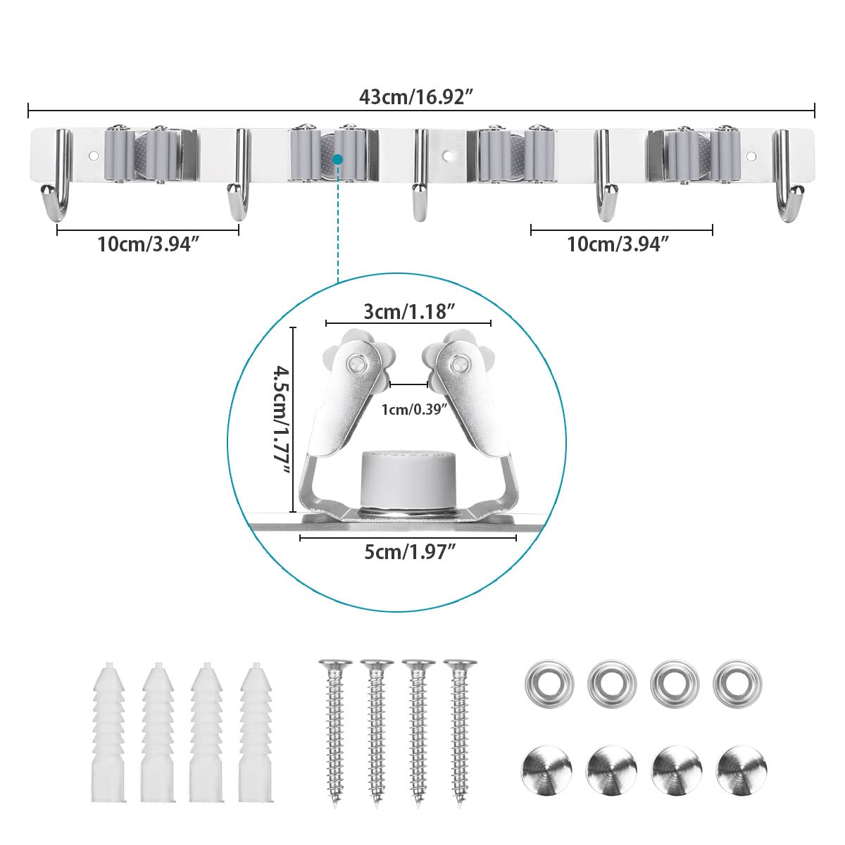 Porte Balai Mural en Acier Inoxydable Accroche Balai Mural avec 4 Emplacements et 5 Crochets pour Cuisine, Salle de Bain, Garage et Jardin, Gris - 3