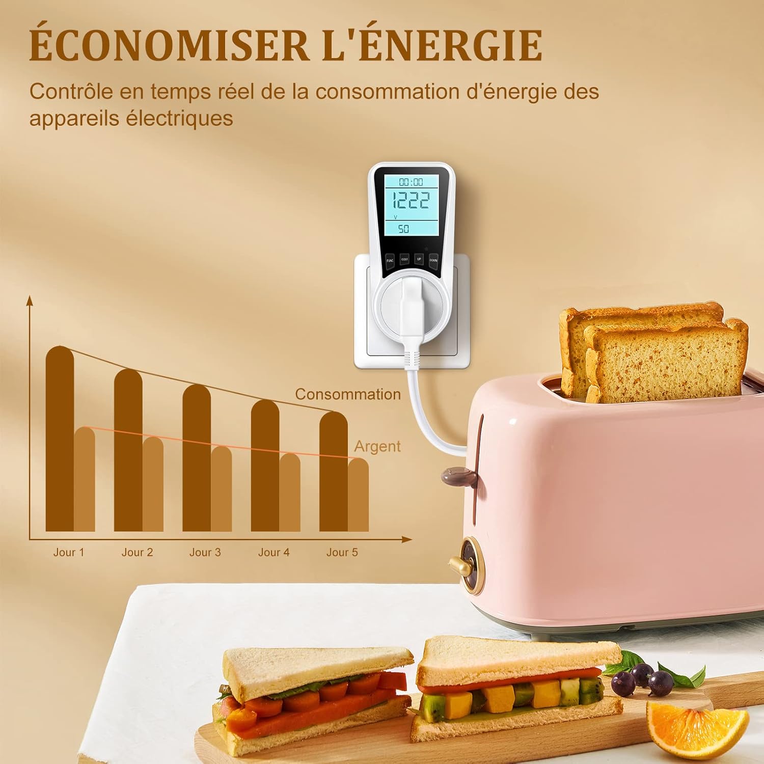 Prise Compteur d'Énergie, Consommation d'Énergie avec 7 Modes Surveillance, Écran LCD Rétroéclairé, Prise Consommation Electrique 3680W MAX - 2