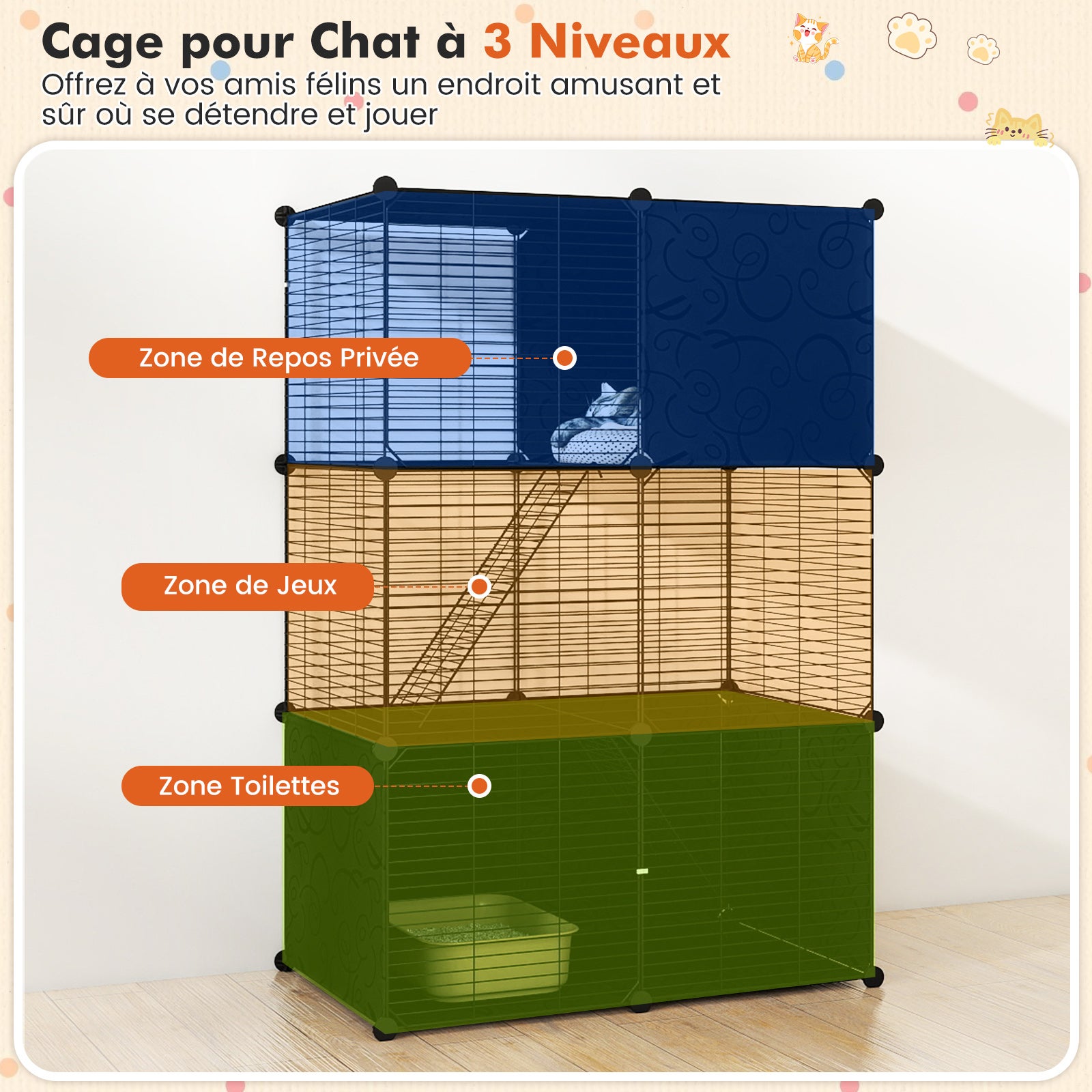 Grand Cage Chat à 3 Niveaux, Enclos pour Chats en Fil Métallique, 3 Portes et 2 Rampes, Cage Modulable DIY, Serrure de Porte, pour Petite Animaux - 4