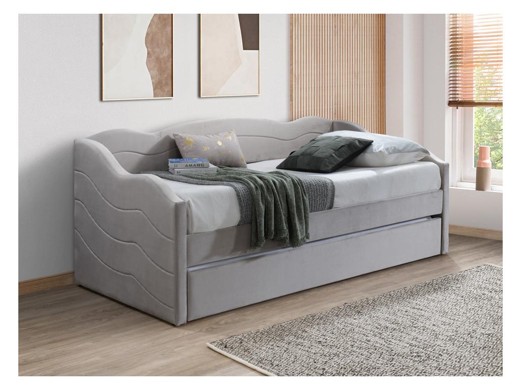 Wysuwane łóżko 2 × 90&amp;nbsp;×&amp;nbsp;190&amp;nbsp;cm – welurowe – kolor beżowy z materacem – LENVIA