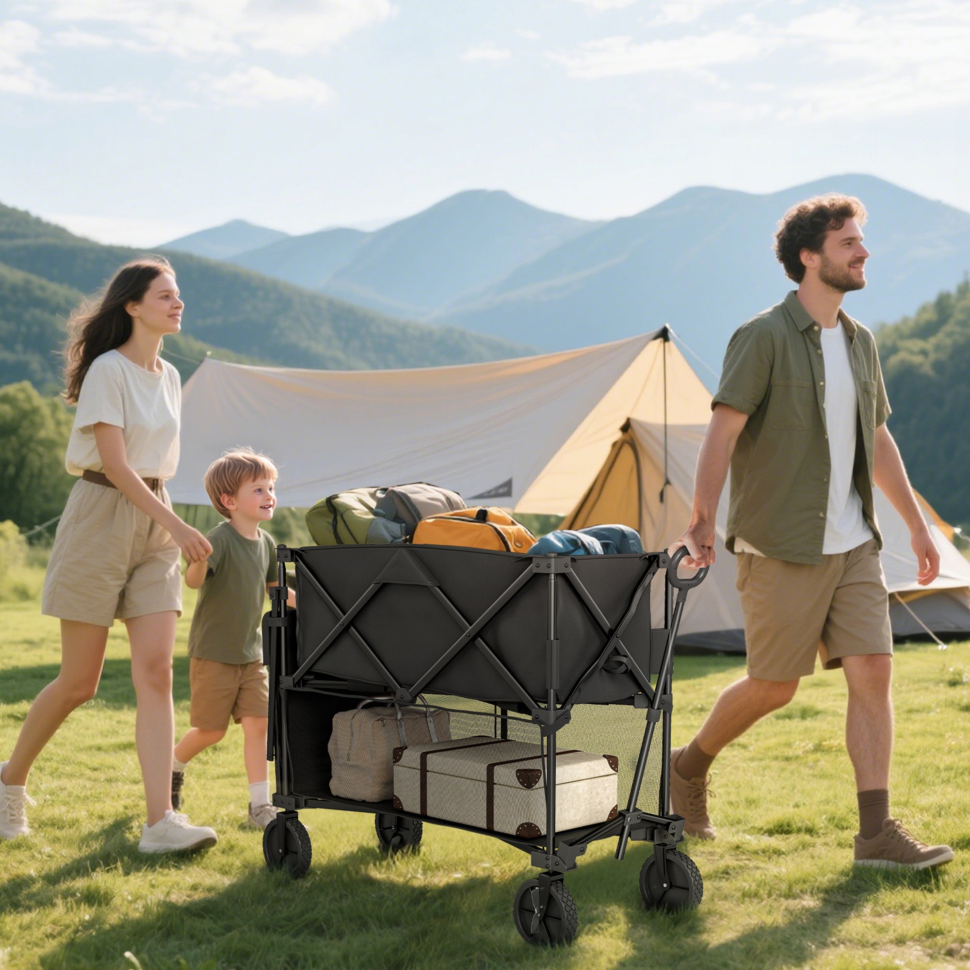 Chariot de jardin - Outsunny - pliable - 350L charge max 200 kg - deux étages - avec roues tout terrain - pour extérieur - noir - 2