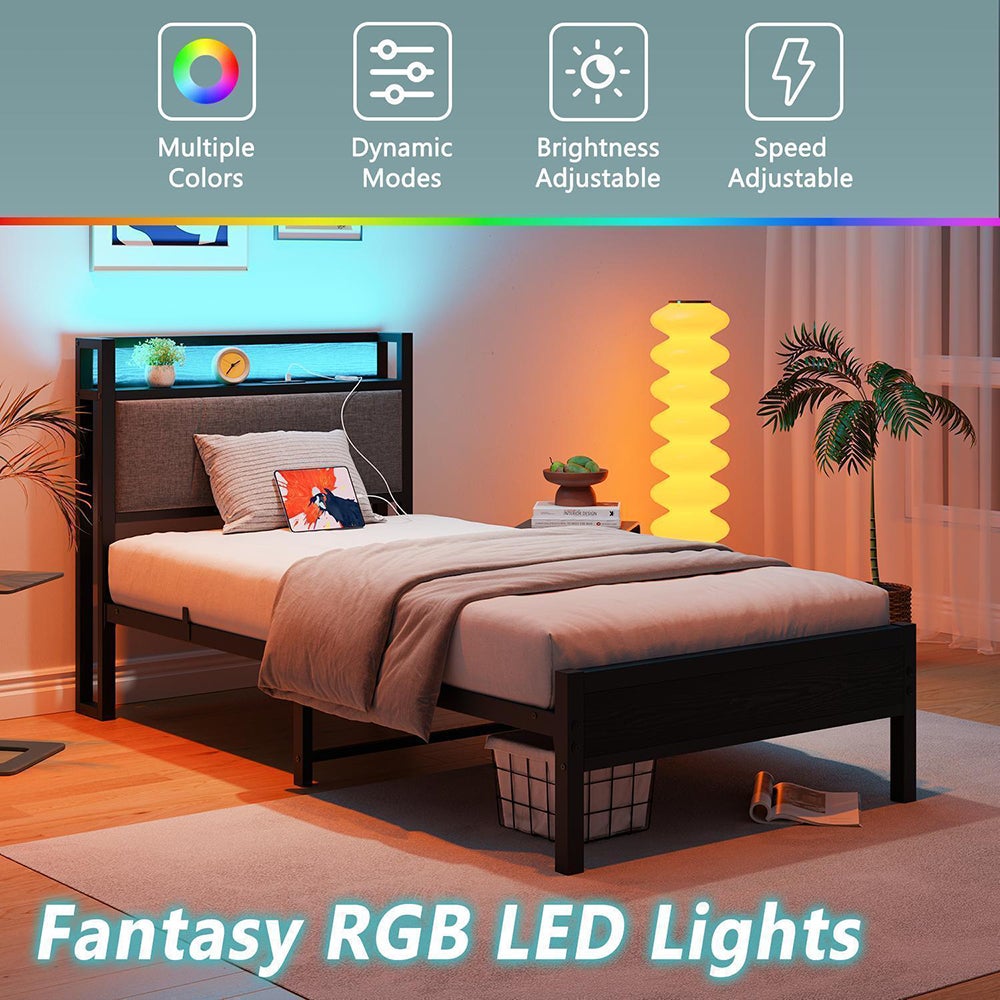 Łóżko dla dorosłych z inteligentnym oświetleniem LED i portami USB, metalowa konstrukcja, czarne - 90 x 200 cm - 3