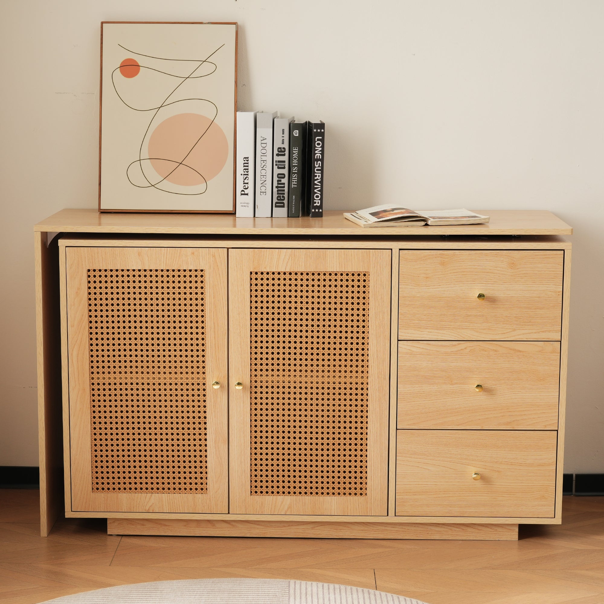 Bureau d'angle avec pivotant 360 degrés, portes en rotin, 3 tiroirs, MDF couleur naturelle - 4