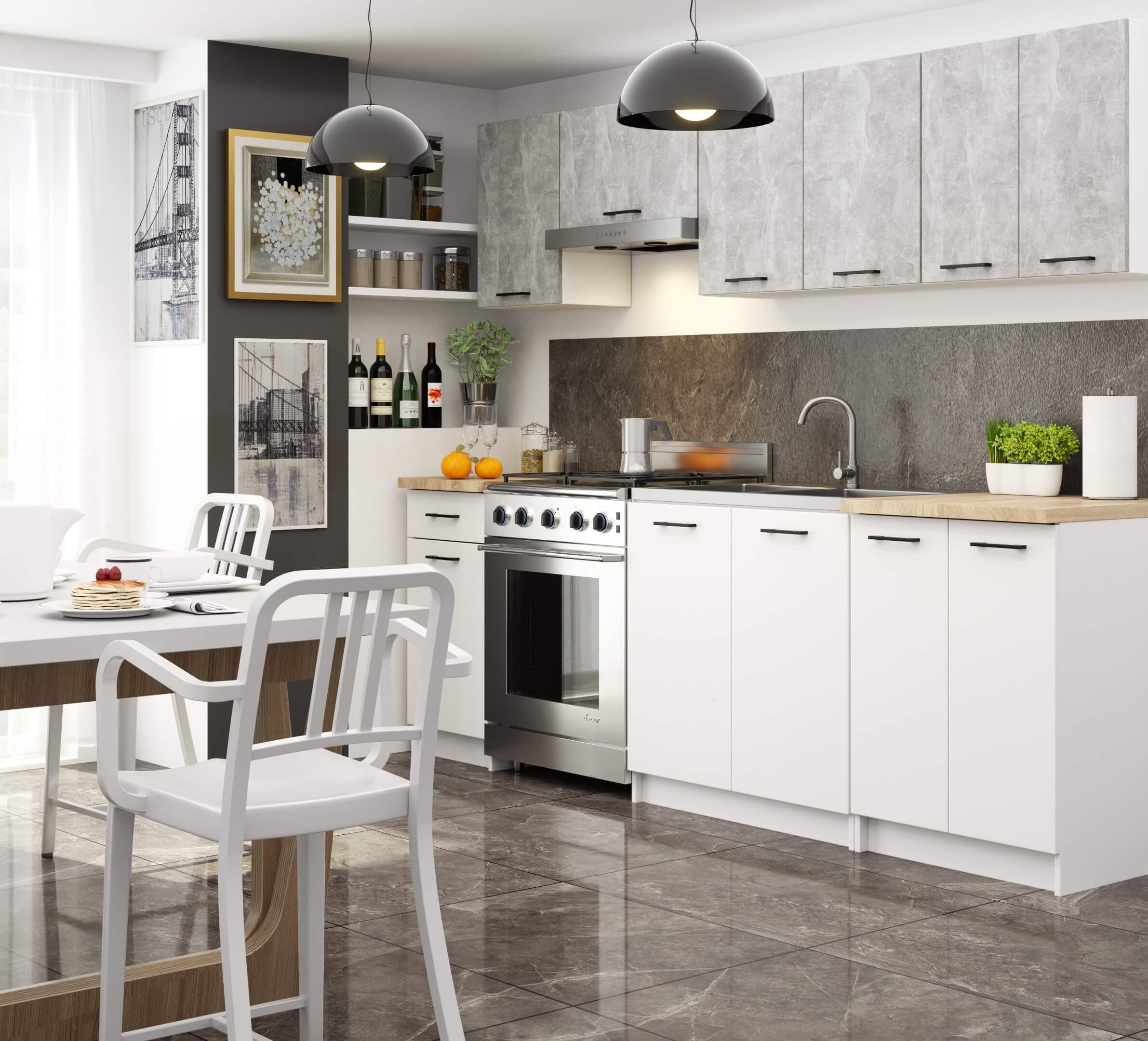 Ensemble De Cuisine AKORD OLIWIA 2.4m Béton 240 cm 11 portes 1 tiroir façade Blanche 240x46x203 cm - 2